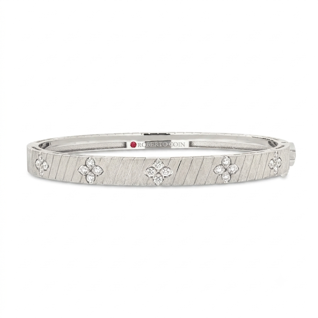 18k White Gold Love In Verona Ridged And Satin Finish Diamond Bangle