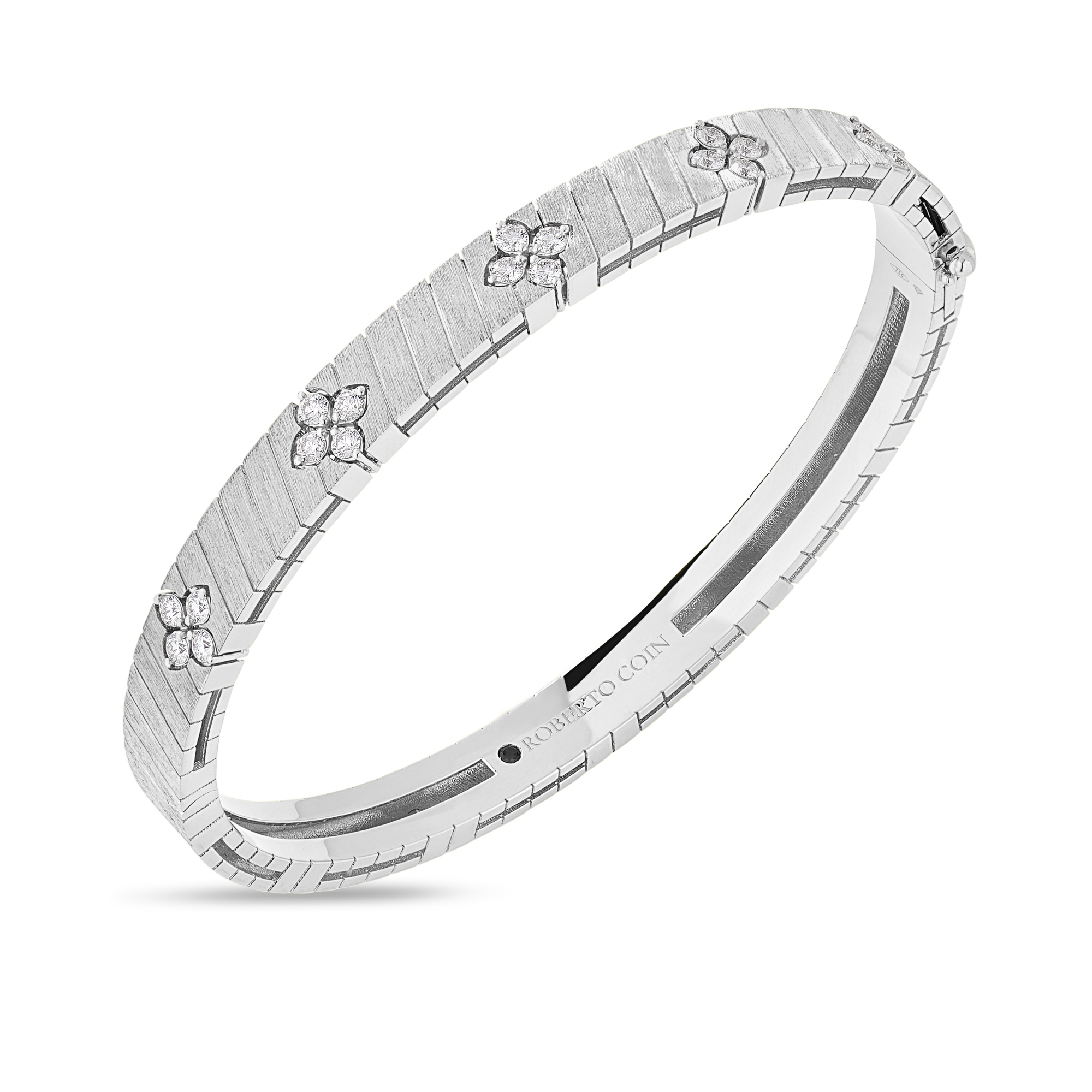 18k White Gold Love In Verona Wide Ridged And Satin Finish Diamond Bangle