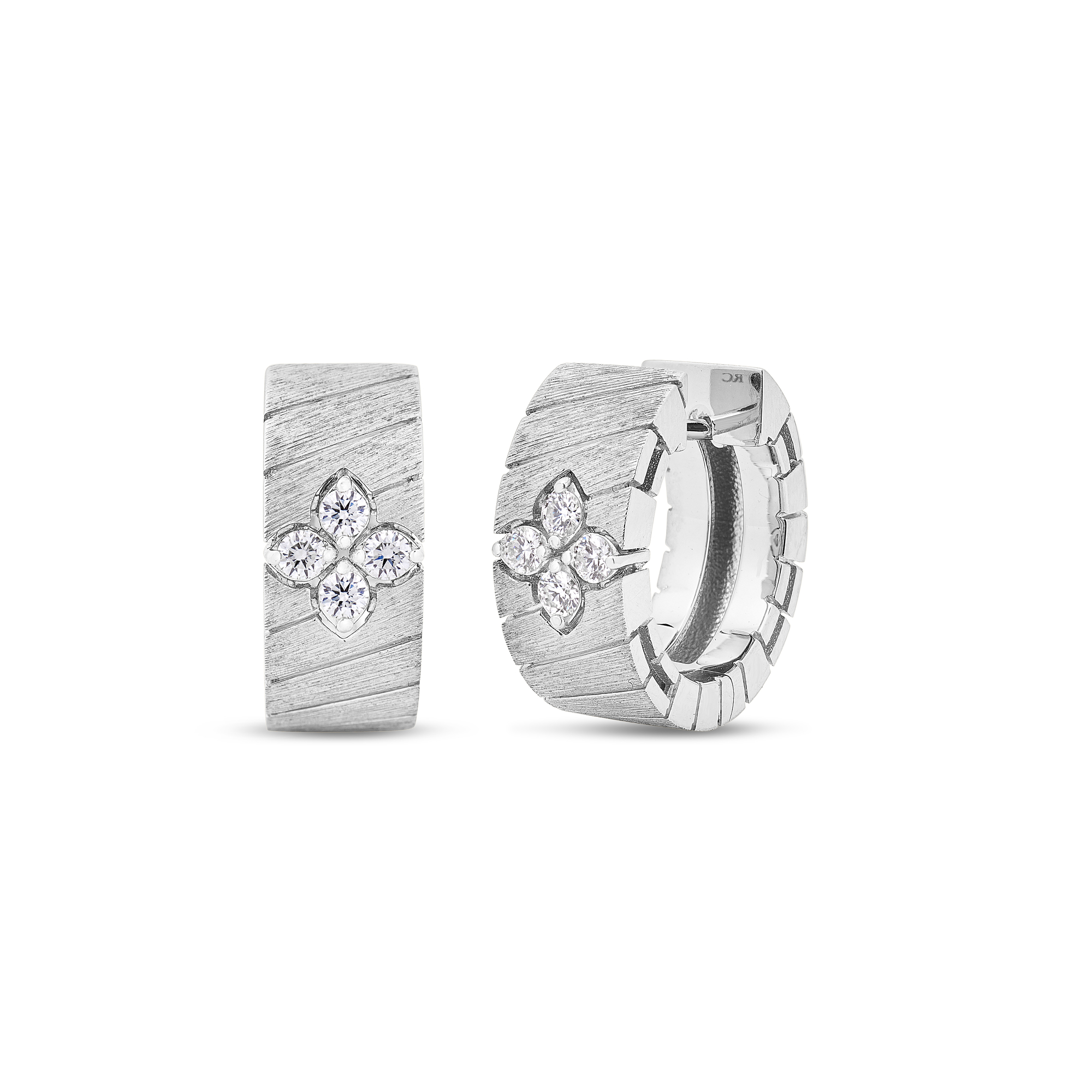 18k White Gold Love In Verona Wide Ridged And Satin Finish Diamond Hoop Earrings