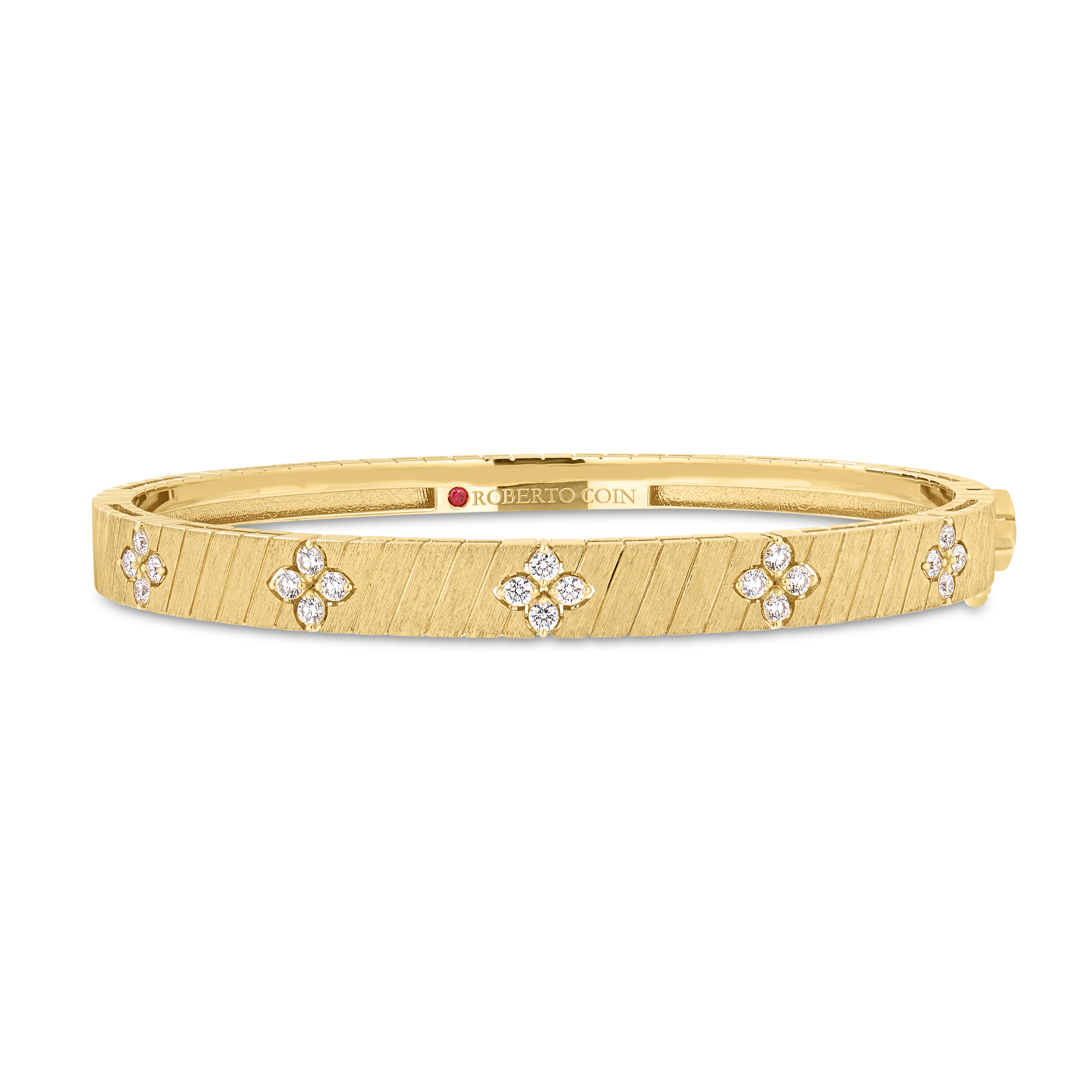 18k Yellow Gold Love In Verona Ridged And Satin Finish Diamond Bangle