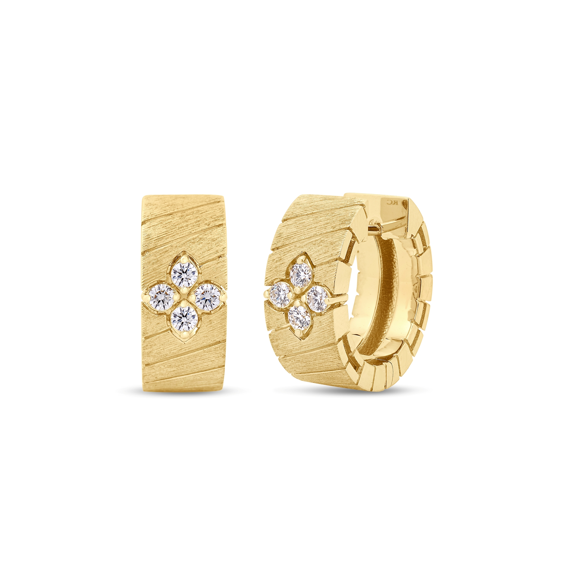 18k Yellow Gold Love In Verona Ridged And Satin Finish Diamond Hoop Earrings