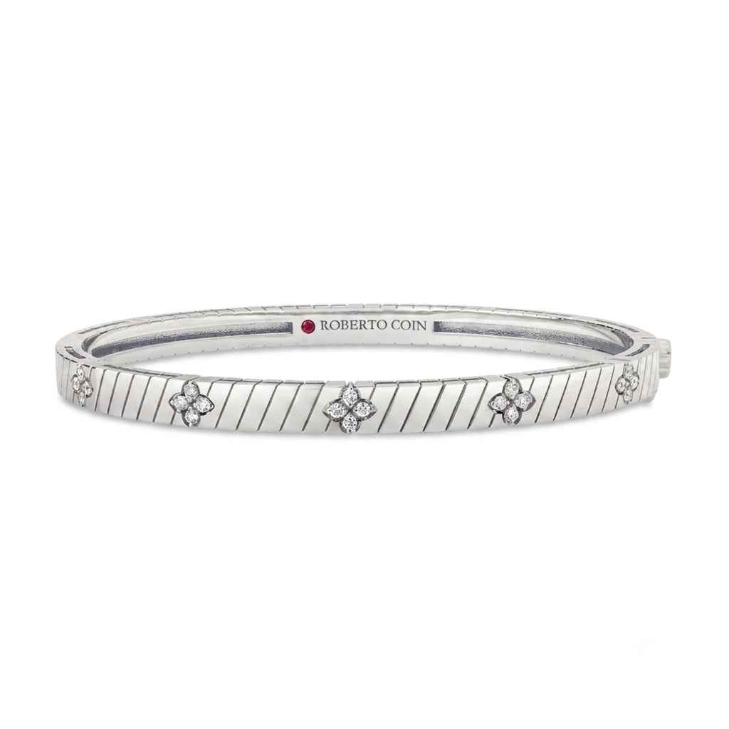 18k White Gold Love In Verona Ridged Diamond Bangle