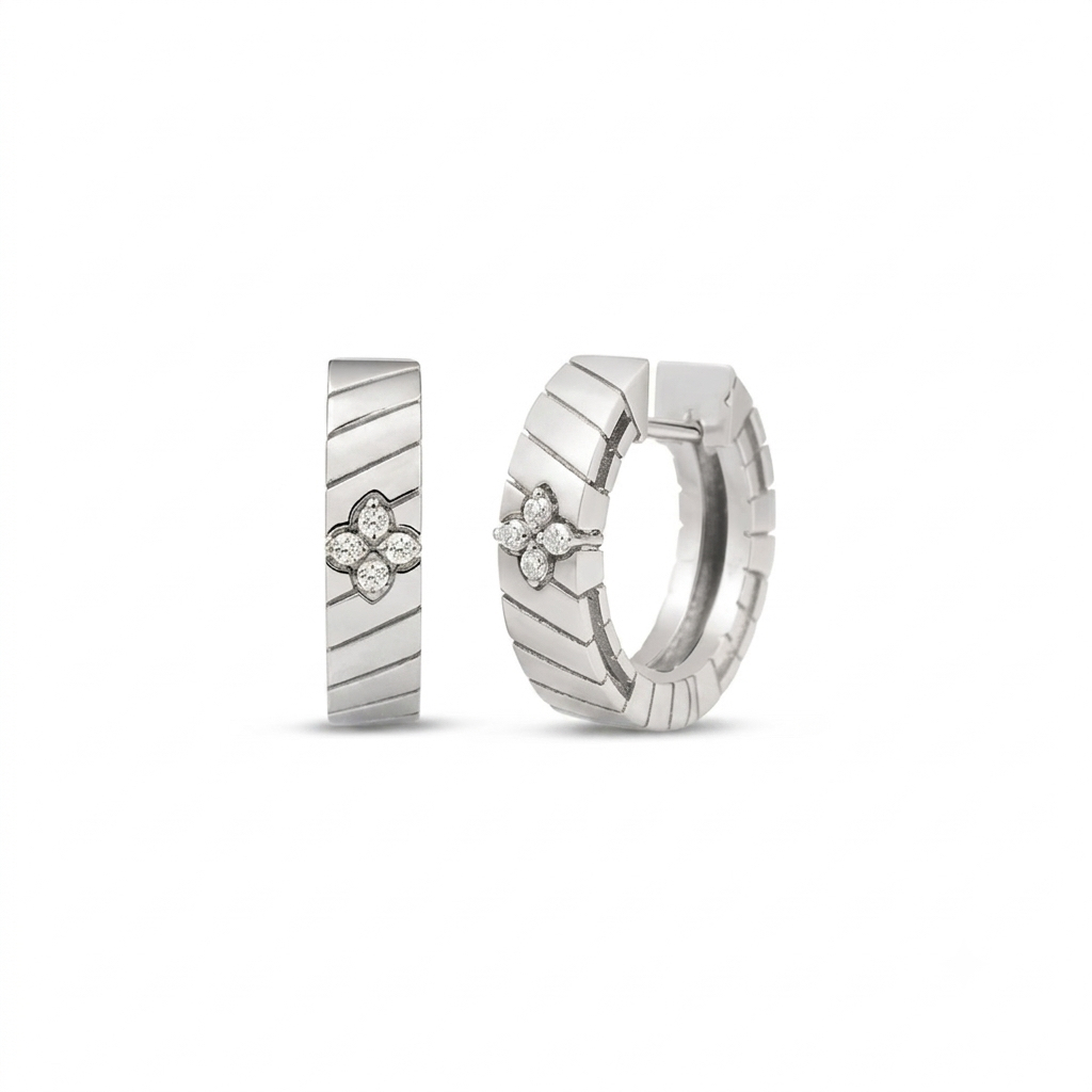 18k White Gold Love In Verona Narrow Ridged Diamond Hoop Earrings