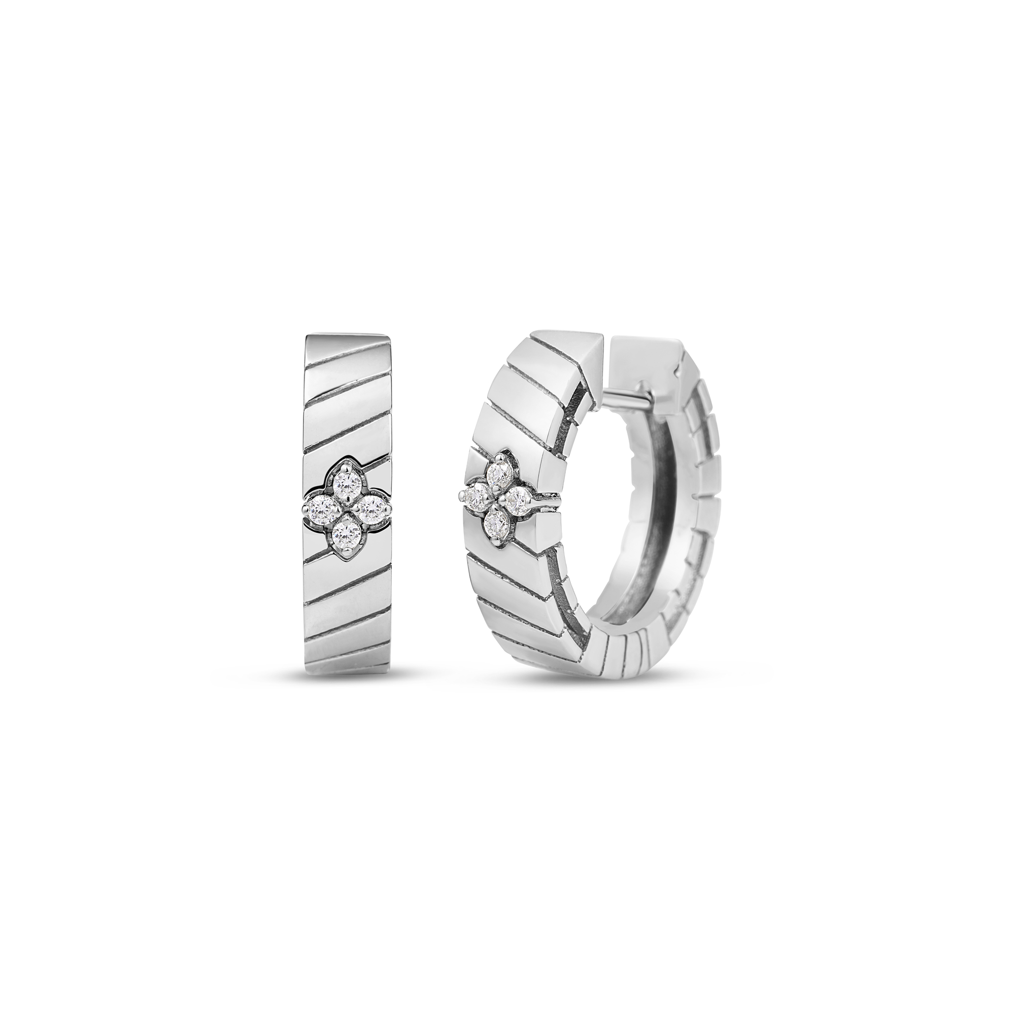 18k White Gold Love In Verona Narrow Ridged Diamond Hoop Earrings