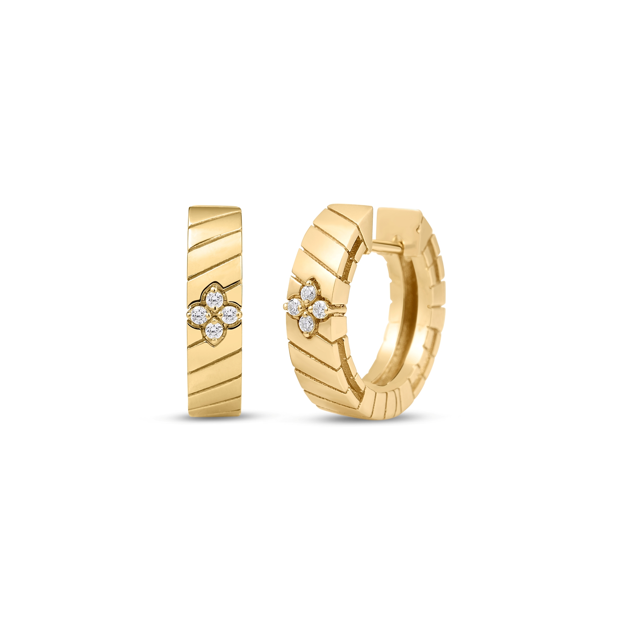 18k Yellow Gold Love In Verona Narrow Ridged Diamond Hoop Earrings