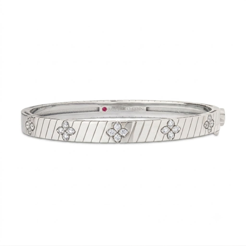18k White Gold Love In Verona  Ridged Diamond Bangle