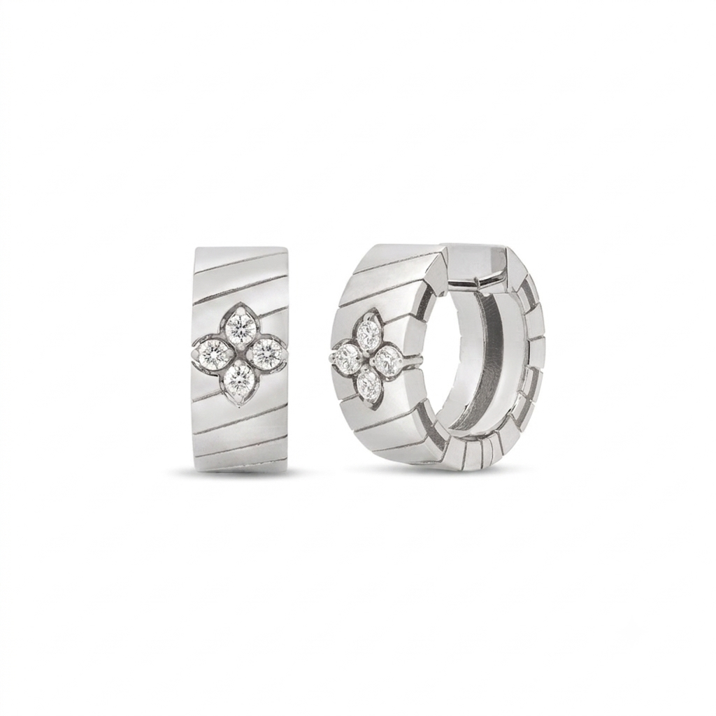 18k White Gold Love In Verona Wide Ridged Diamond Hoop Earrings