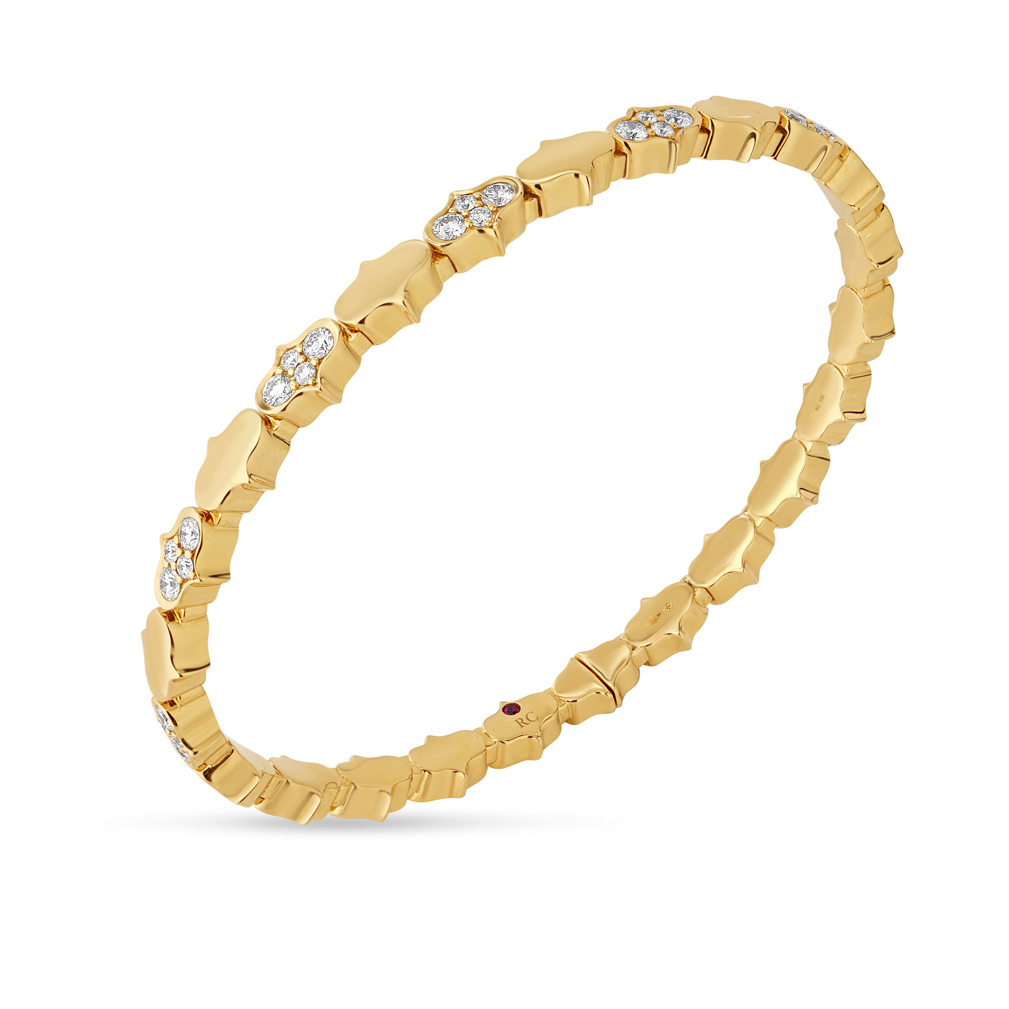 18k Yellow Gold Cobra Single Row Alternating Diamond Cuff Bangle
