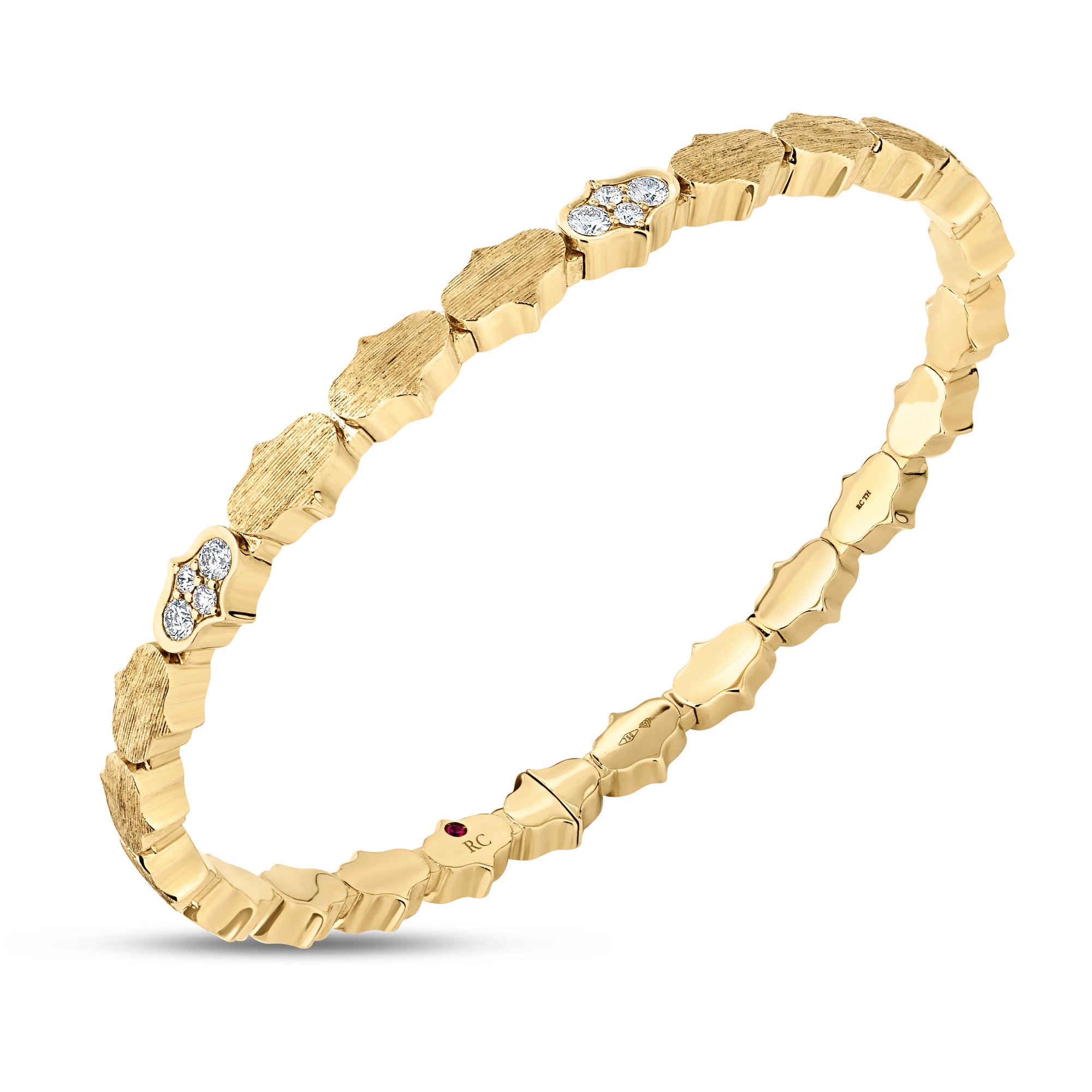 18k Yellow Gold Cobra Sibgle Row Diamond And Satin Finish Cuff Bangle