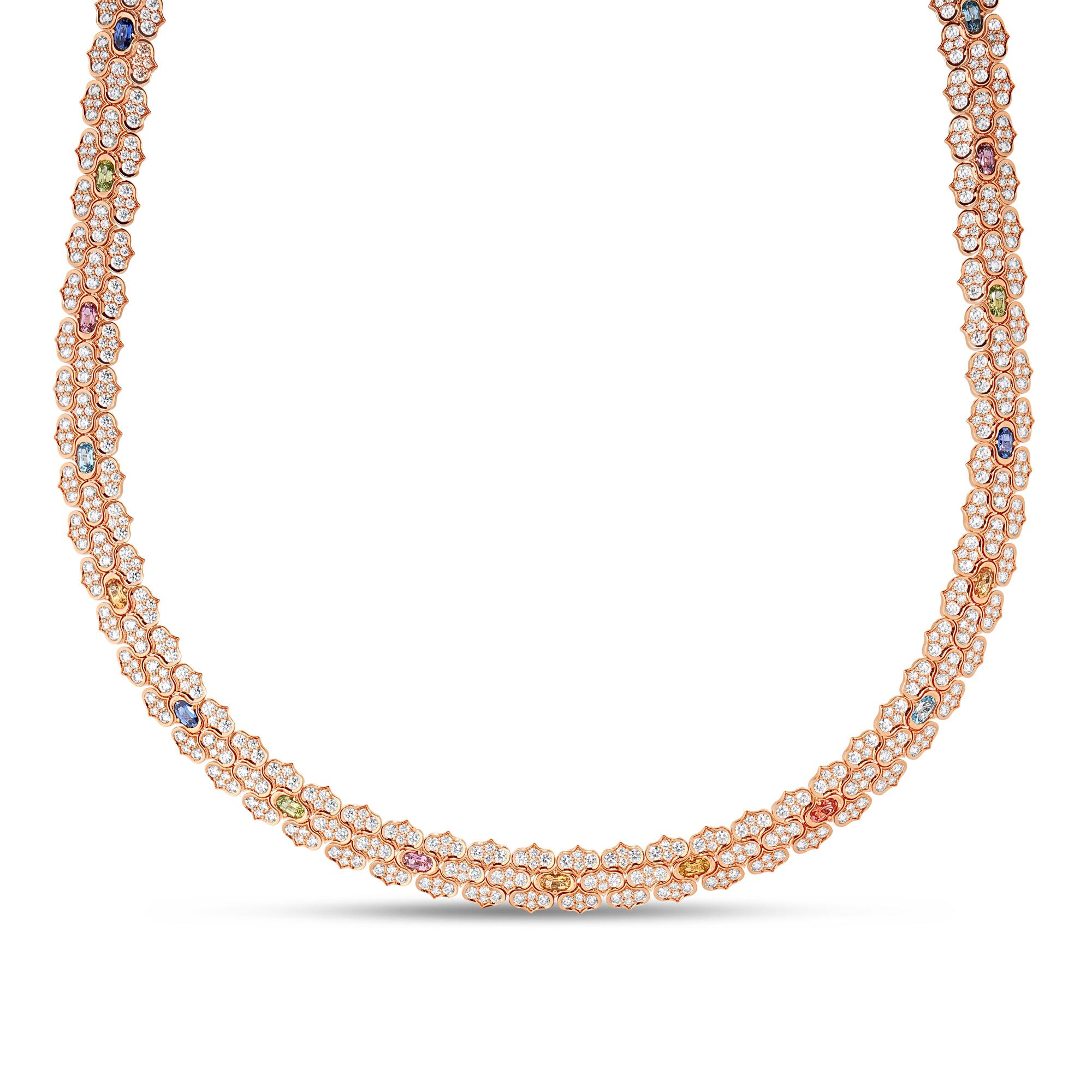 18k Rose Gold Cobra Wide Pave Diamond And Mixed Stones (blue Topaz, Citrine, Peridot, And Rubellite) Collar Necklace