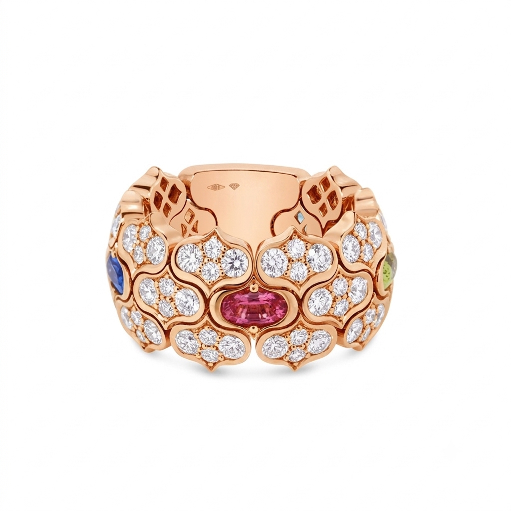 18k Rose Gold Cobra Wide Pave Diamond And Mixed Stones (blue Topaz, Citrine, Peridot, And Rubellite) Ring