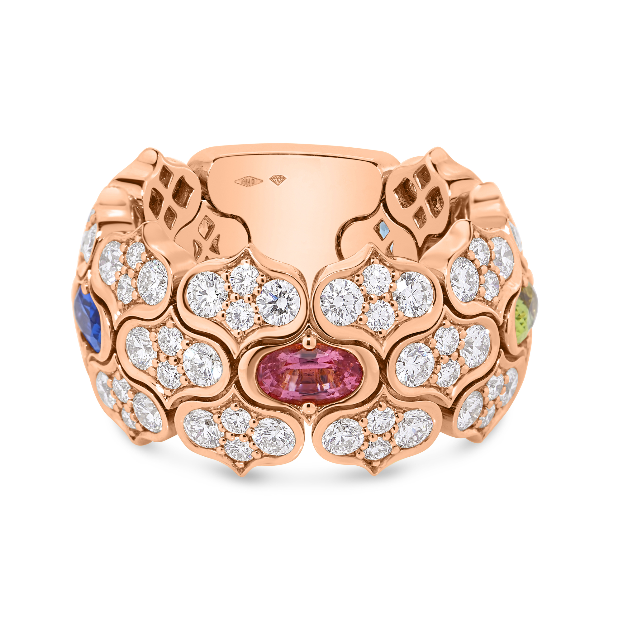 18k Rose Gold Cobra Wide Pave Diamond And Mixed Stones (blue Topaz, Citrine, Peridot, And Rubellite) Ring