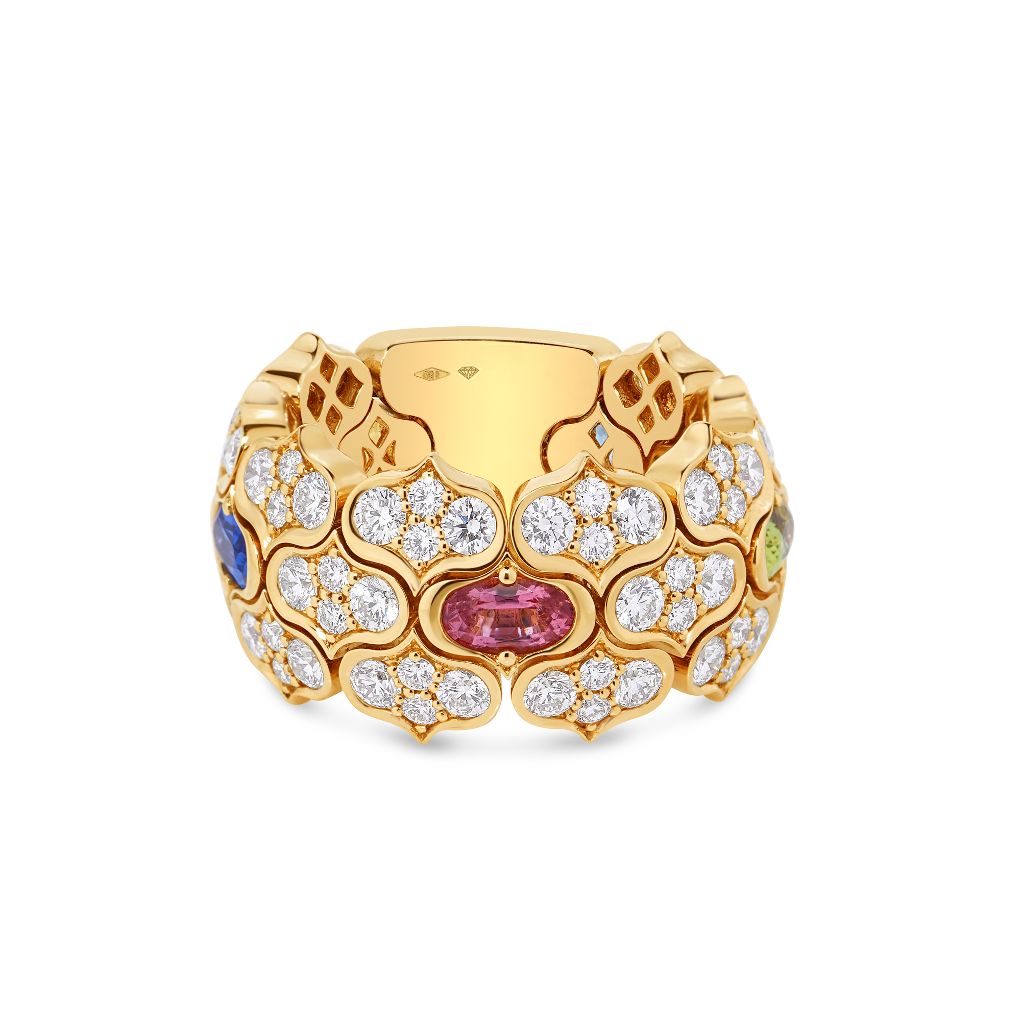 18k Yellow Gold Cobra Diamond And Mixed Stones (blue Topaz, Citrine, Peridot, And Rubellite) Ring
