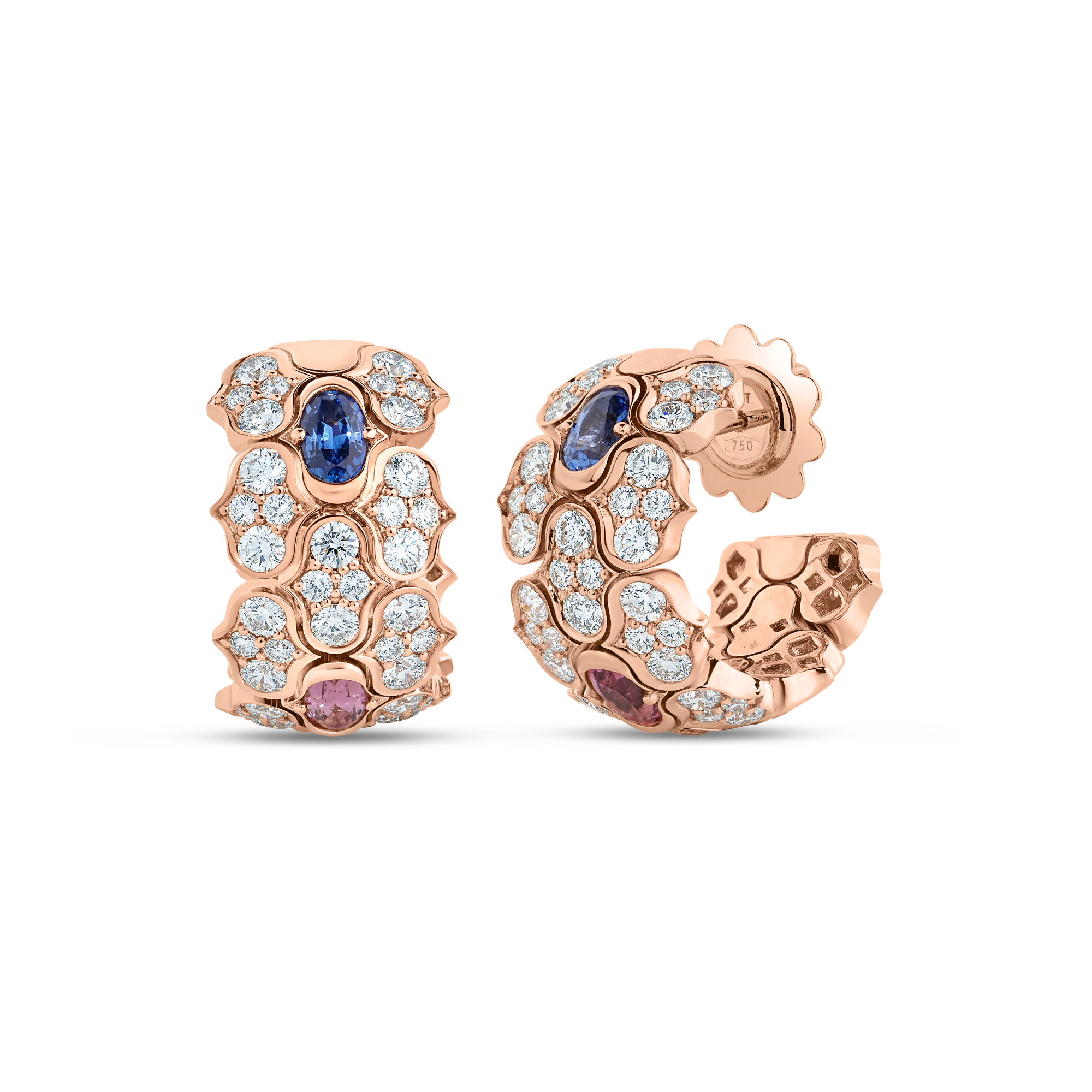 18k Rose Gold Cobra Wide Pave Diamond And Mixed Stones (blue Topaz, Citrine, Peridot, And Rubellite) Open Back Hoop Earrings