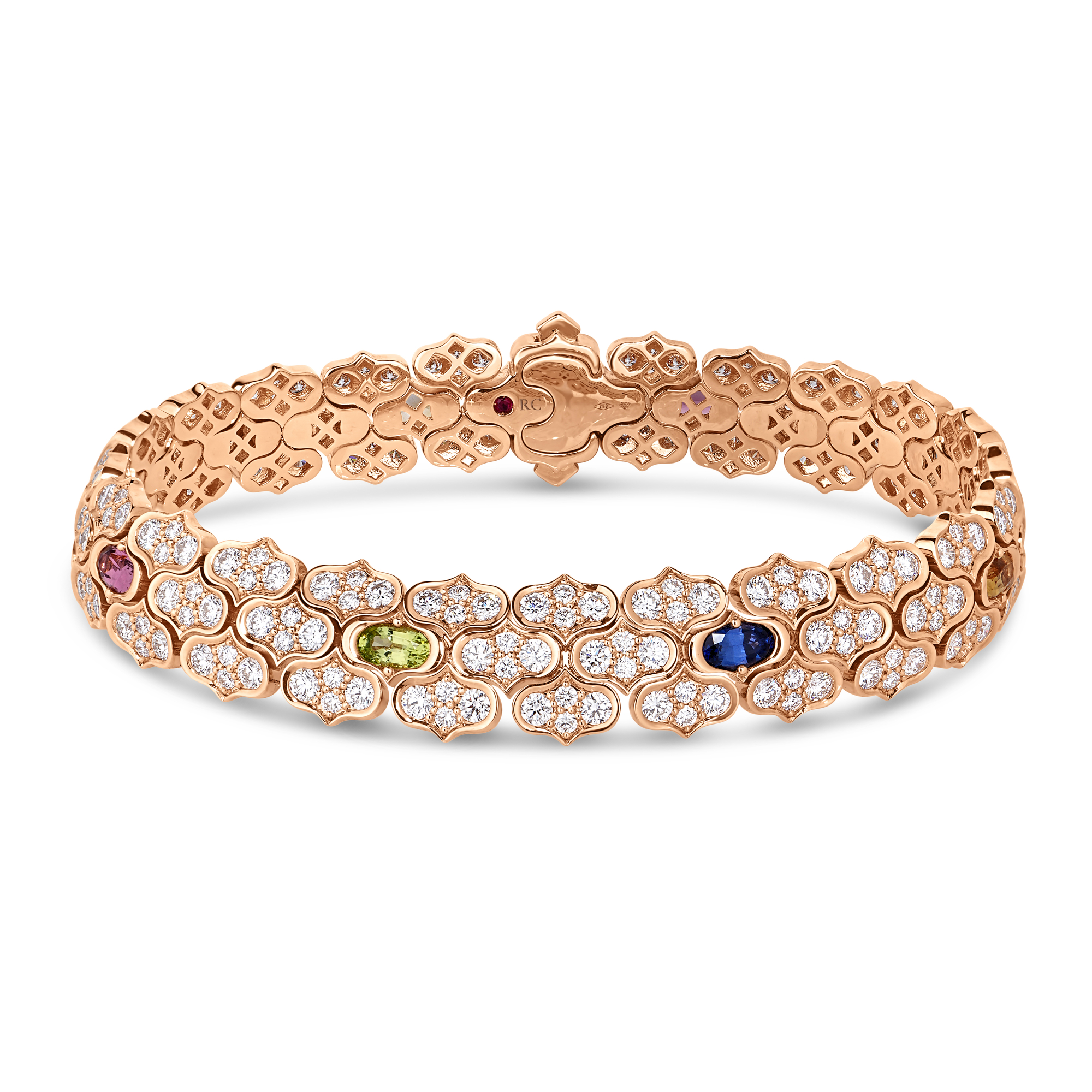 18k Rose Gold Cobra Wide Diamond And Mixed Stones (blue Topaz, Citrine, Peridot, And Rubellite) Bracelet