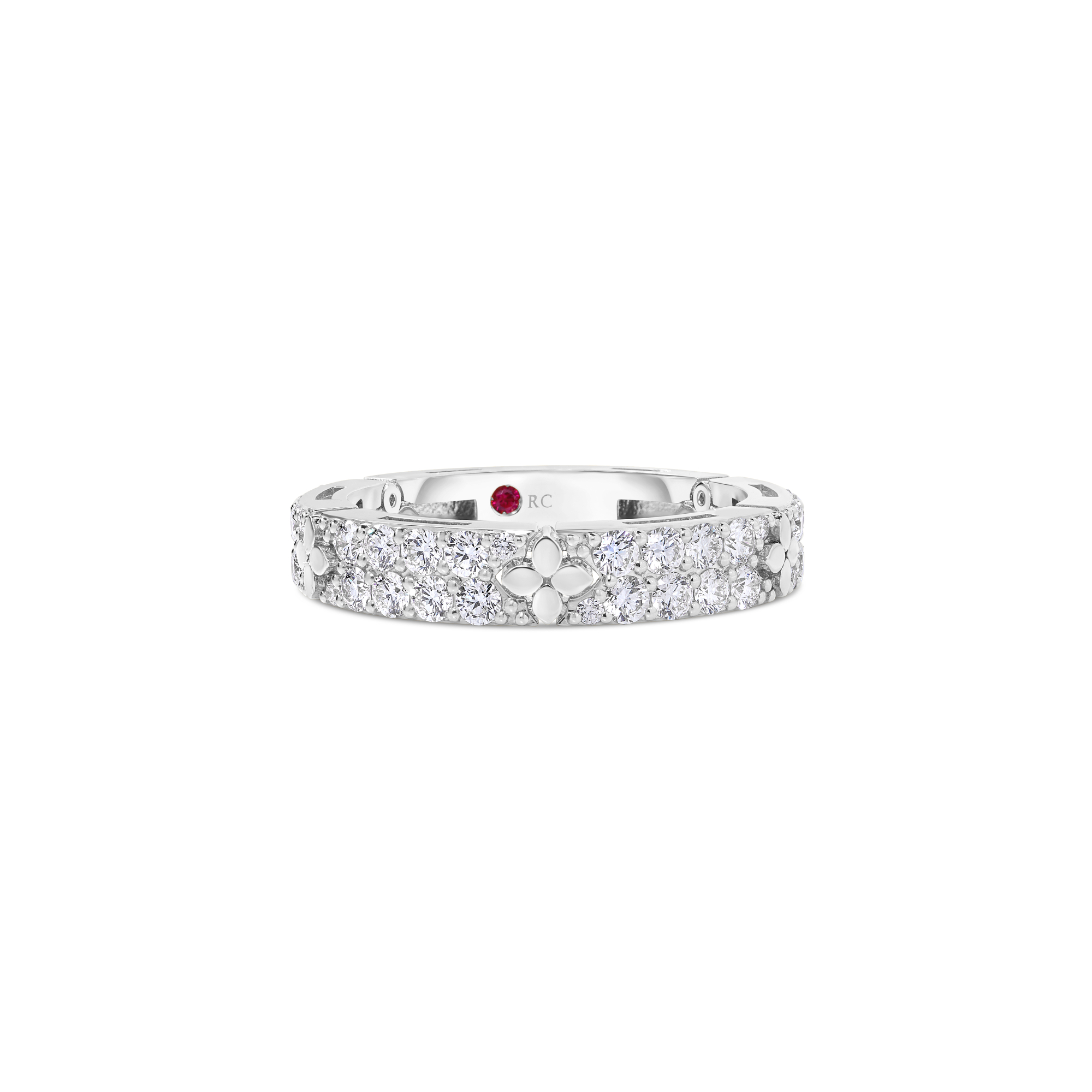 18k White Gold Love In Verona Narrow Pave Diamond And Polished Flowers Ring