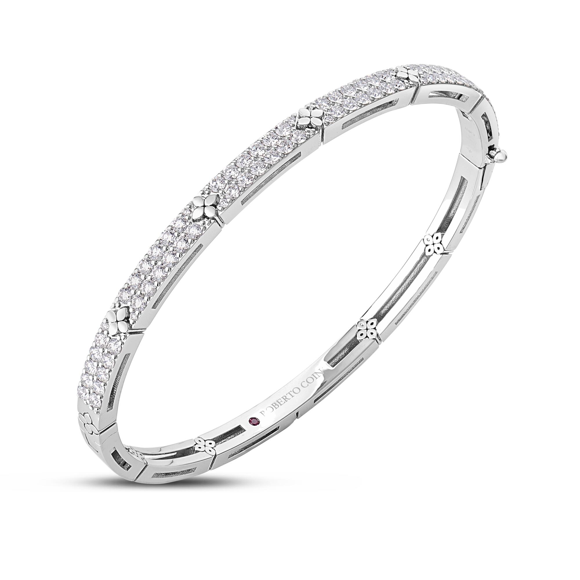 18k White Gold Love In Verona Narrow Pave Diamond And Polished Flowers Bangle