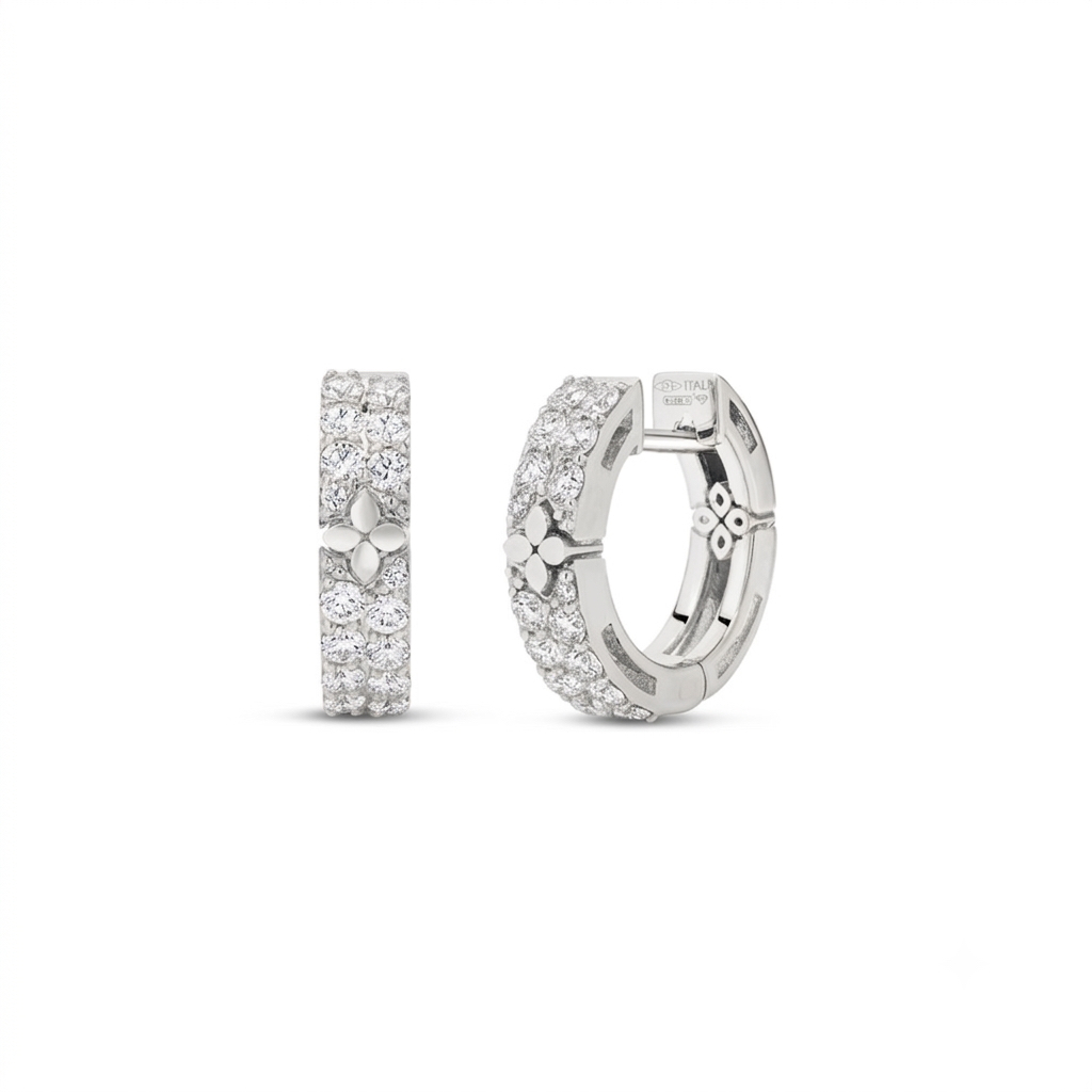 18k White Gold Love In Verona Pave Narrow Pave Diamond And Polished Flowers Earrings