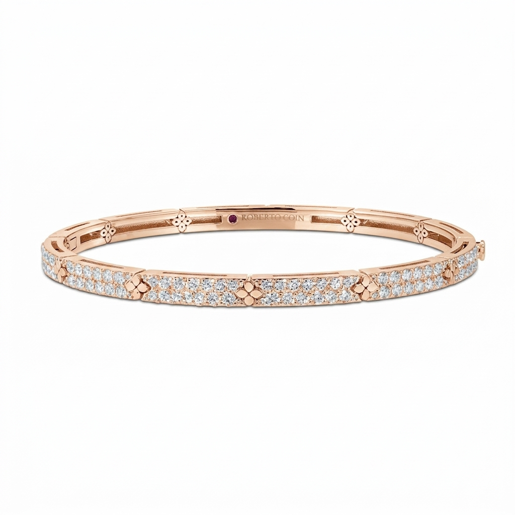 18k Rose Gold Love In Verona Narrow Pave Diamond And Polished Flowers Bangle