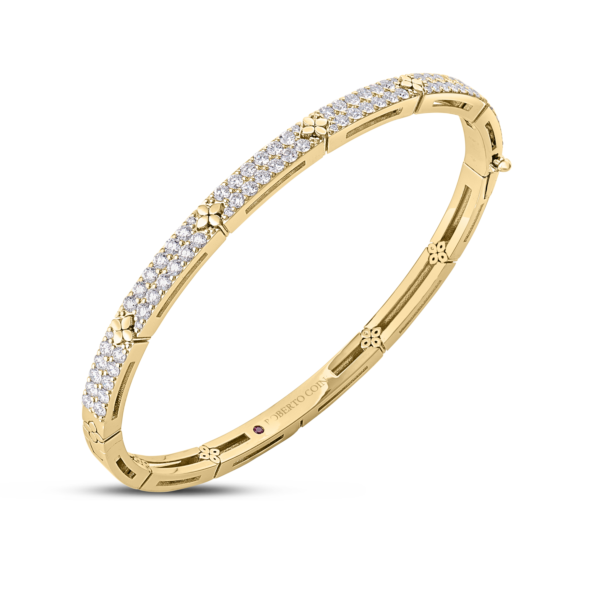 18k Yellow Gold Love In Verona Narrow Pave Diamond And Polished Flowers Bangle