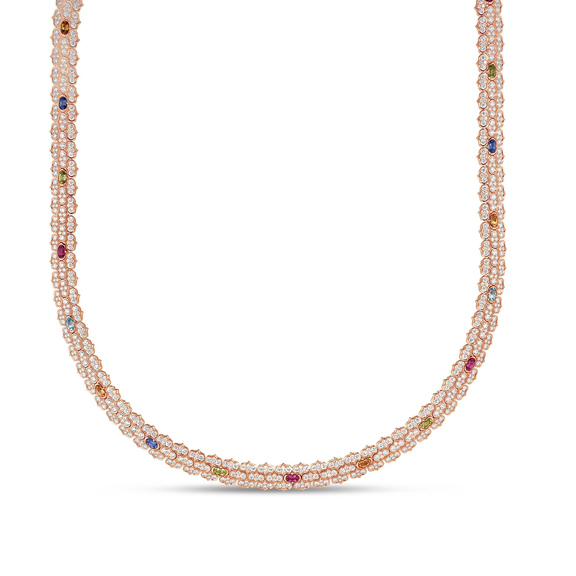 18k Rose Gold Cobra Pave Diamond And Mixed Stones (blue Topaz, Citrine, Peridot, Rubellite, And Ruby) Necklace