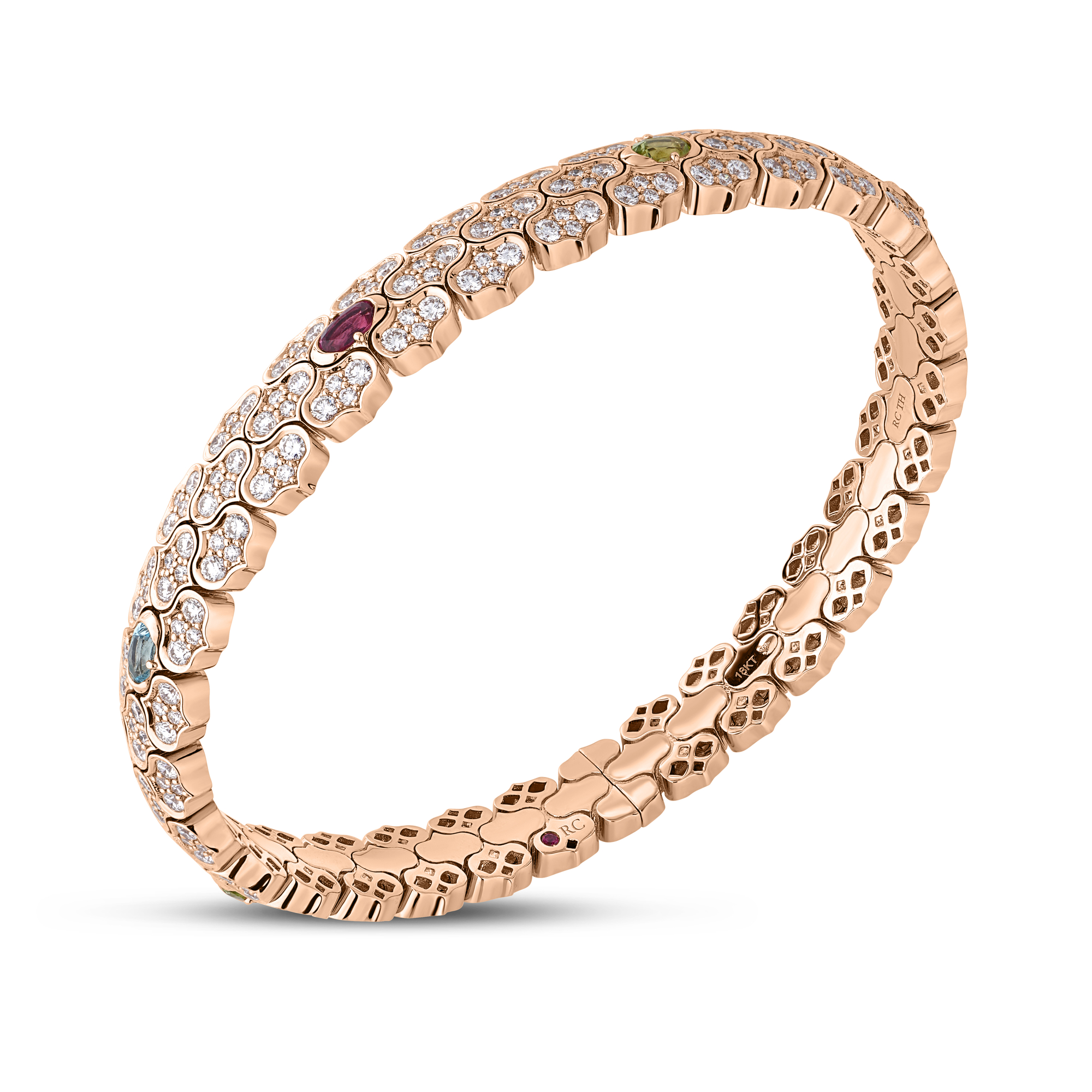 18k Rose Gold Cobra Pave Diamond And Mixed Stones (blue Topaz, Citrine, Peridot, Rubellite, And Ruby) Cuff Bangle