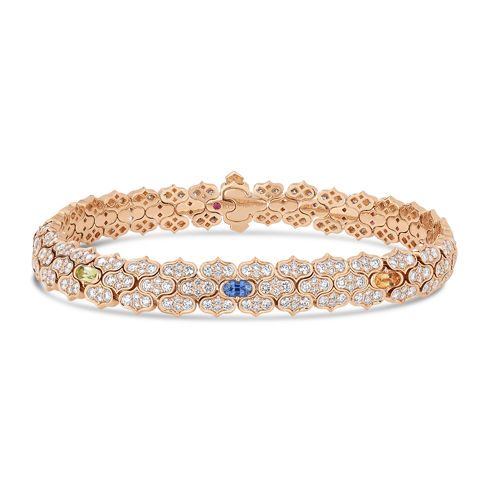 18k Rose Gold Cobra Pave Diamond And Mixed Stones (blue Topaz, Citrine, Peridot, Rubellite, And Ruby) Bracelet