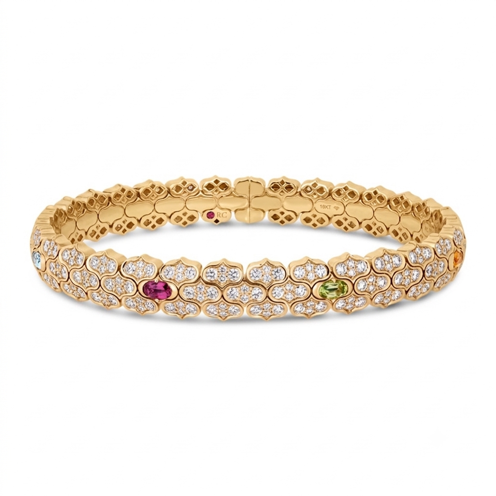 18k Yellow Gold Cobra Pave Diamond And Mixed Stones (blue Topaz, Citrine, Peridot, Rubellite, And Ruby) Cuff Bangle
