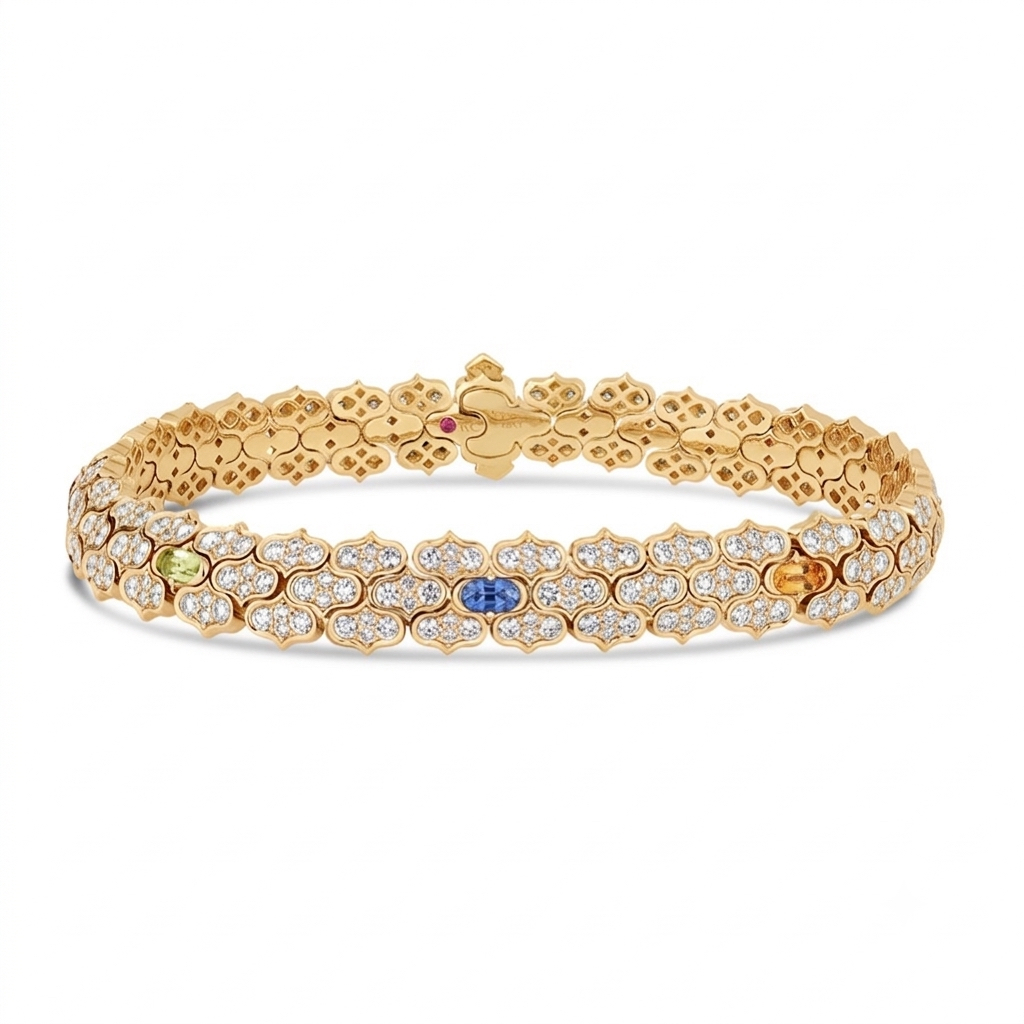 18k Yellow Gold Cobra Pave Diamond And Mixed Stones (blue Topaz, Citrine, Peridot, Rubellite, And Ruby) Bracelet