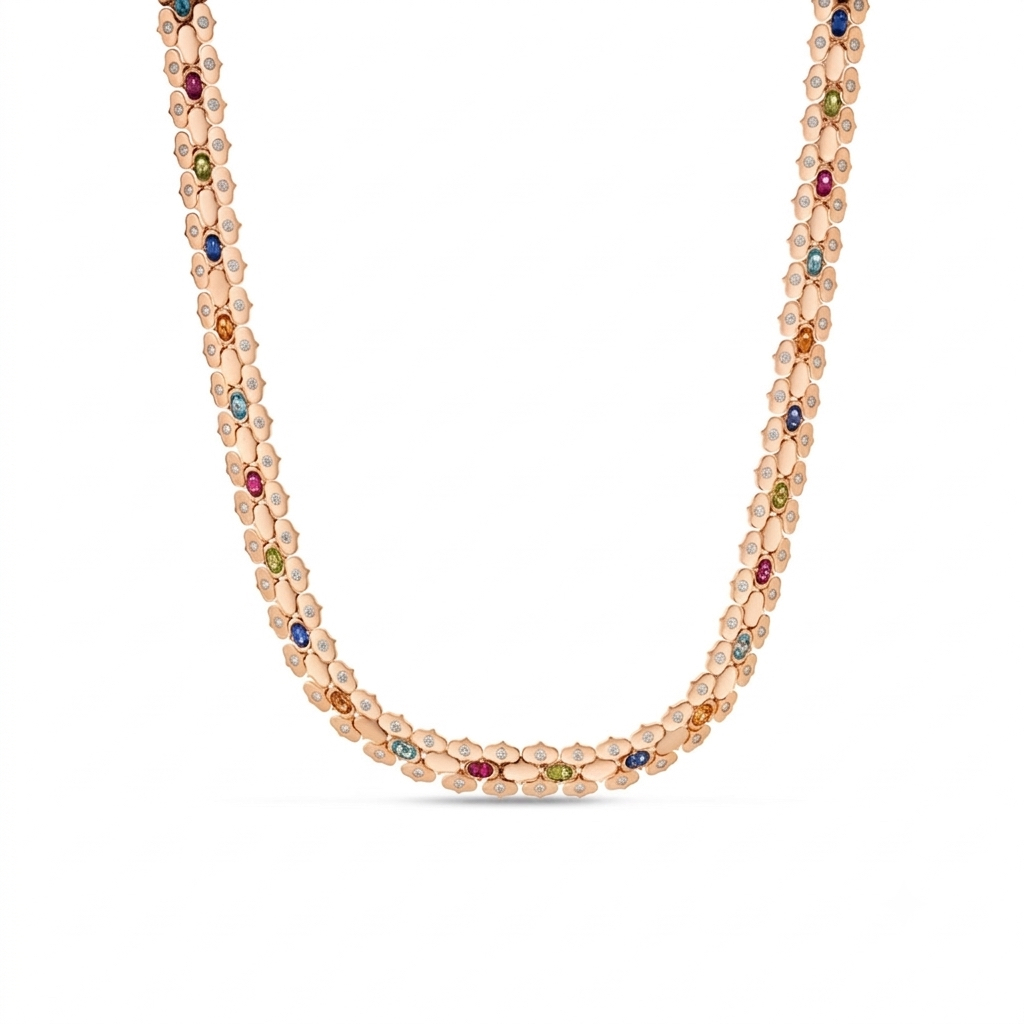 18k Rose Gold Cobra Diamond And Mixed Stones (blue Topaz, Citrine, Peridot, Ruby, And Rubellite) Collar Necklace