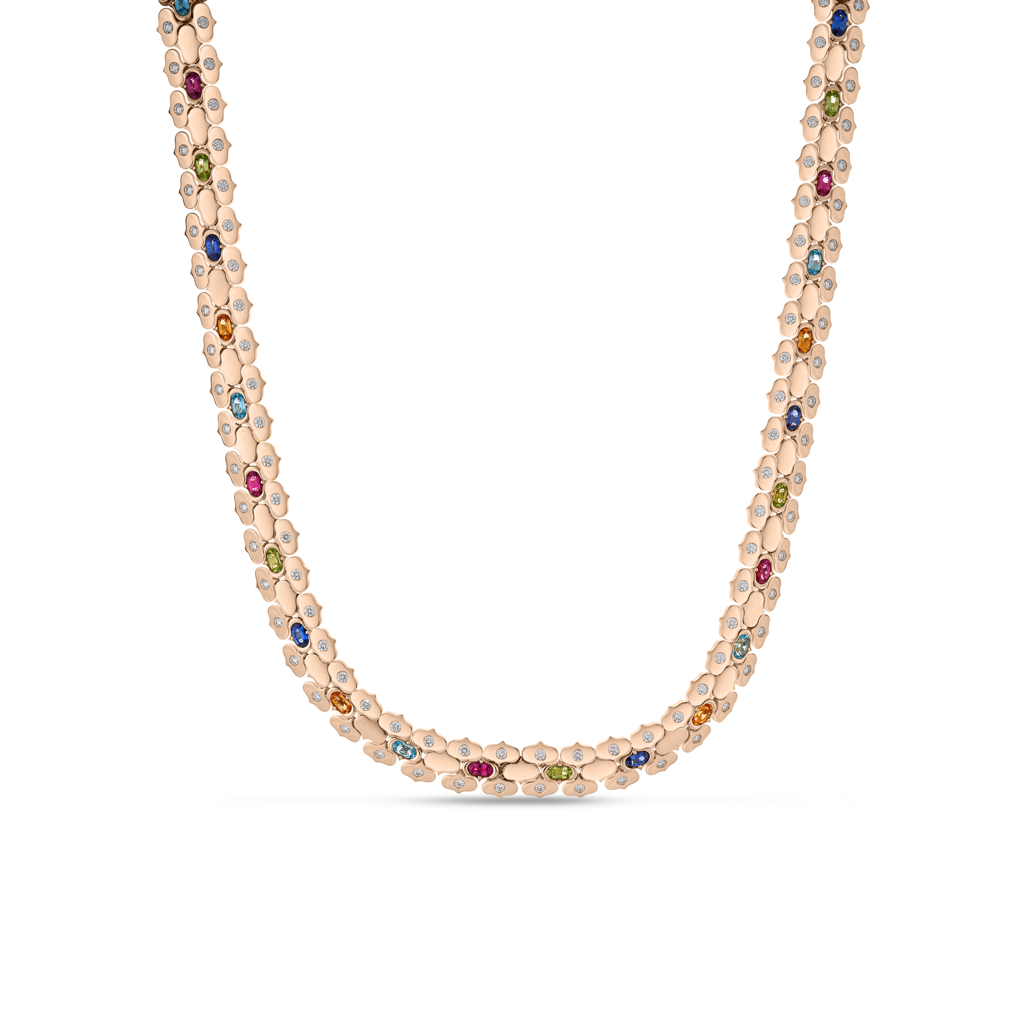 18k Rose Gold Cobra Wide Diamond And Mixed Stones (blue Topaz, Citrine, Peridot, Ruby, And Rubellite) Collar Necklace