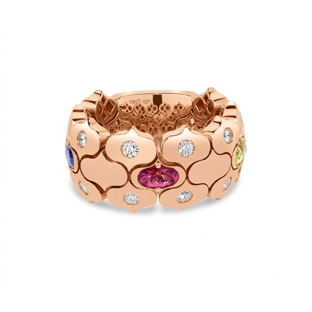 18k Rose Gold Cobra Diamond And Mixed Stones (blue Topaz, Citrine, Peridot, Ruby, And Rubellite) Ring