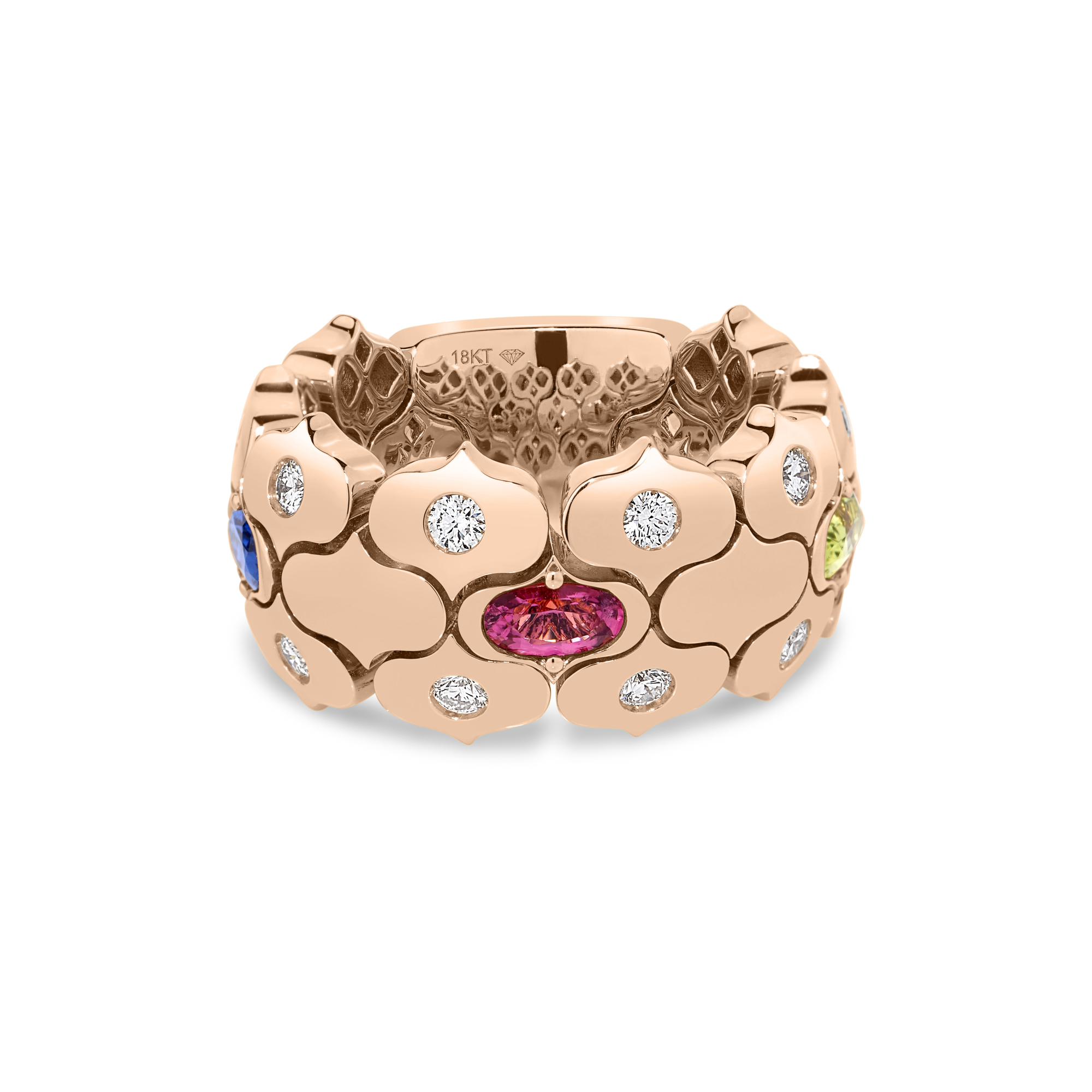 18k Rose Gold Cobra Wide Diamond And Mixed Stones (blue Topaz, Citrine, Peridot, Ruby, And Rubellite) Ring