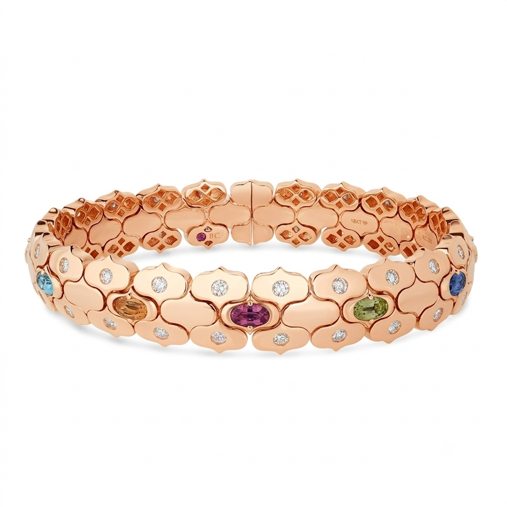 18k Rose Gold Cobra Diamond And Mixed Stones (blue Topaz, Citrine, Peridot And Rubellite) Cuff Bangle