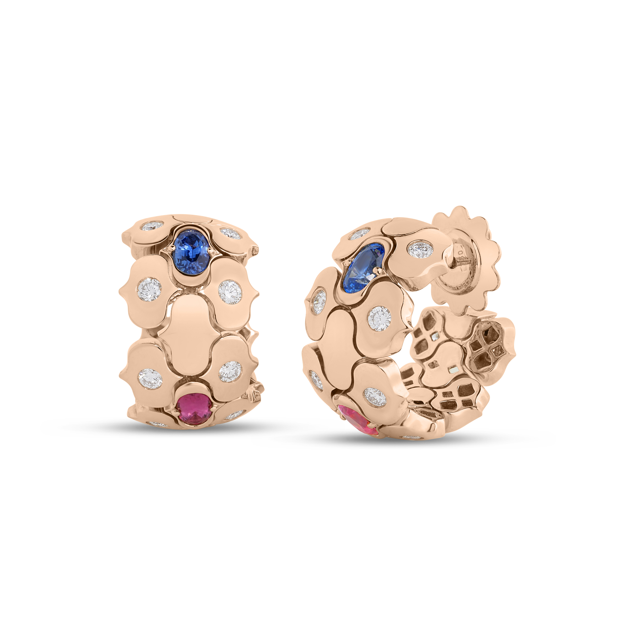 18k Rose Gold Cobra Wide Diamond And Mixed Stones (blue Topaz, Citrine, Peridot, Ruby, And Rubellite) Open Back Hoop Earrings