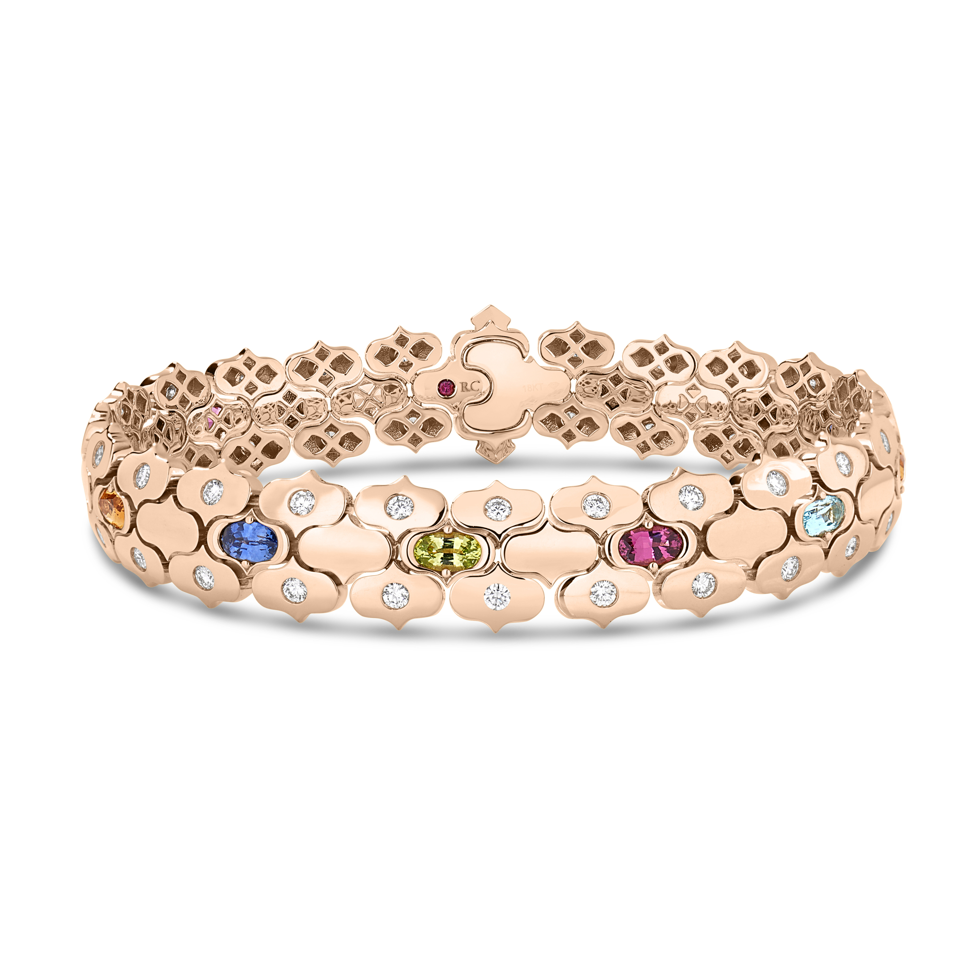 18k Rose Gold Cobra Wide Diamond And Mixed Stones (blue Topaz, Citrine, Peridot, Ruby, And Rubellite) Bracelet