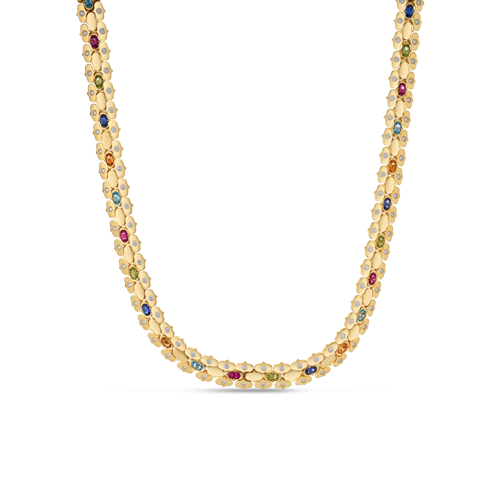 18k Yellow Gold Cobra Diamond And Mixed Stones (blue Topaz, Citrine, Peridot, Ruby, And Rubellite) Collar Necklace