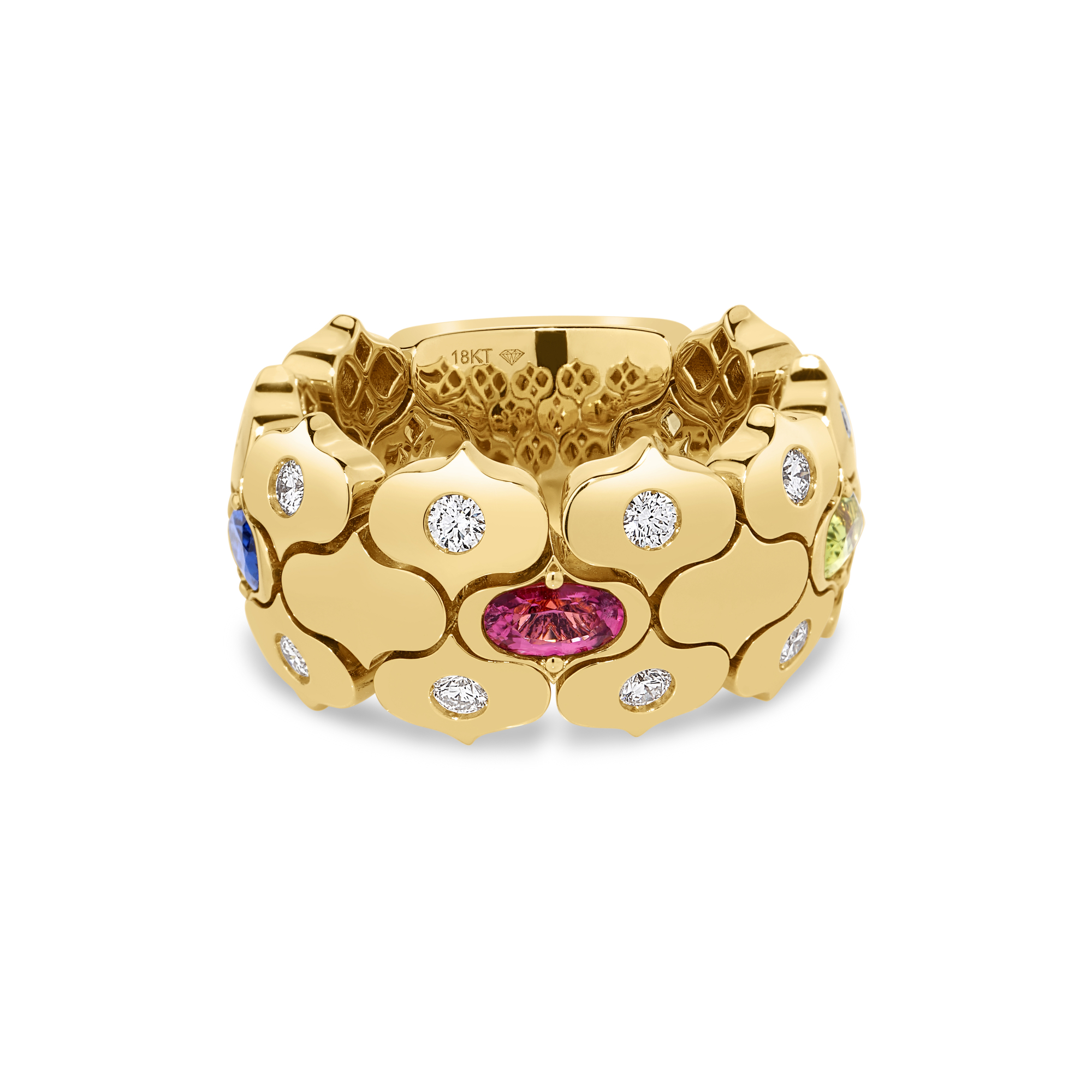18k Yellow Gold Cobra Diamond And Mixed Stones (blue Topaz, Citrine, Peridot, Ruby, And Rubellite) Ring