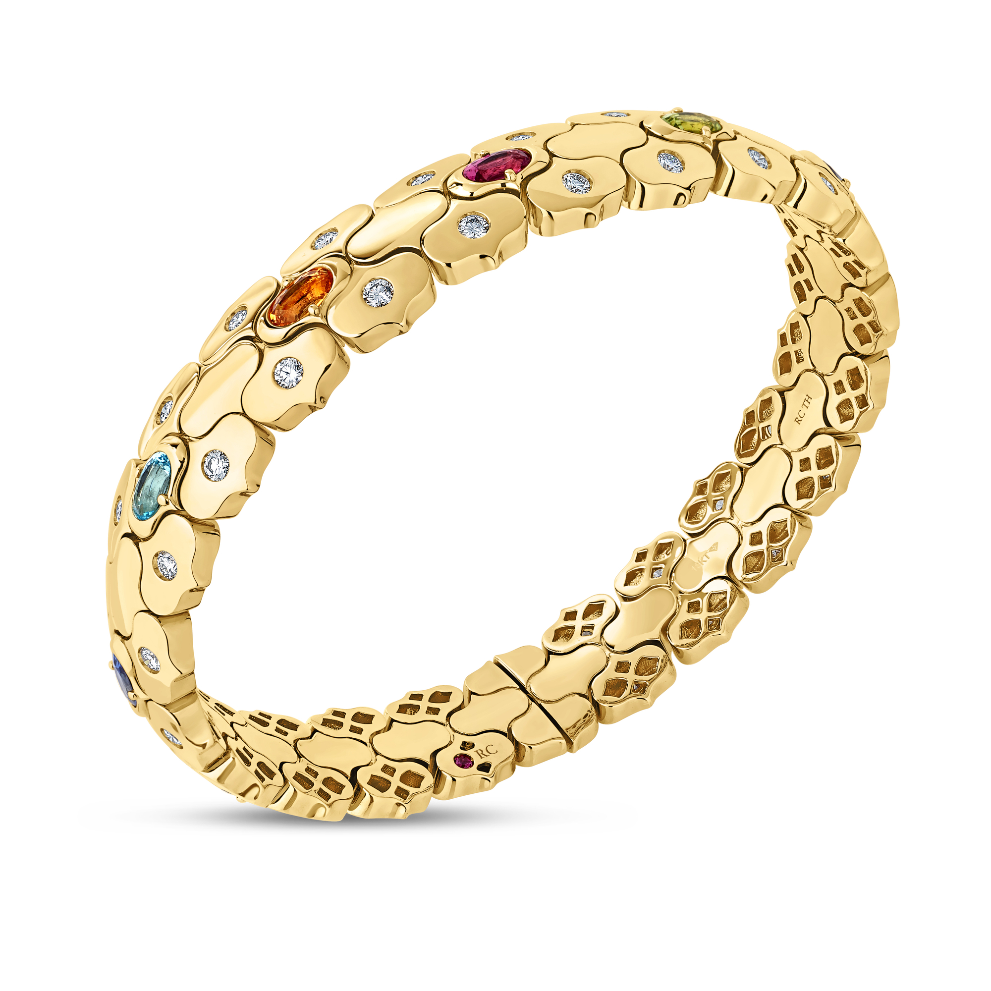18k Yellow Gold Cobra Wide Diamond And Mixed Stones (blue Topaz, Citrine, Peridot And Rubellite) Cuff Bangle