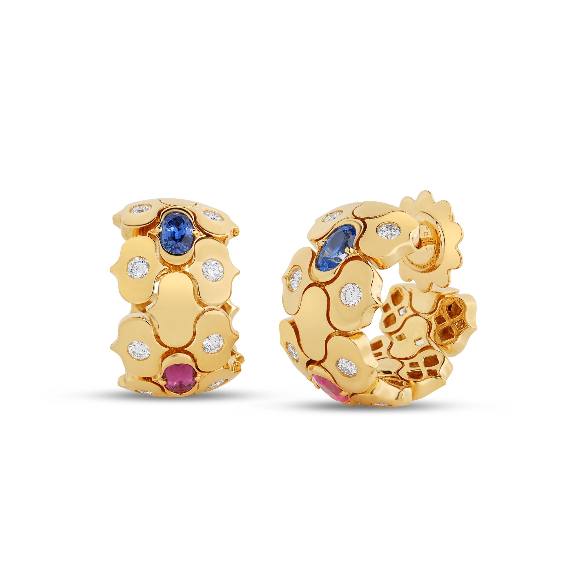 18k Yellow Gold Cobra Wide Diamond And Mixed Stones (blue Topaz, Citrine, Peridot, Ruby, And Rubellite) Open Back Hoop Earrings