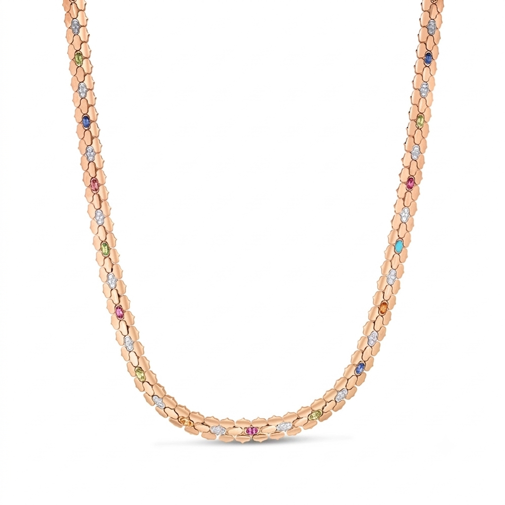 18k Rose/white Gold Cobra Diamond And Mixed Stones (blue Sapphire, Blue Topaz, Citrine, Peridot, Ruby, And Rubellite) Necklace