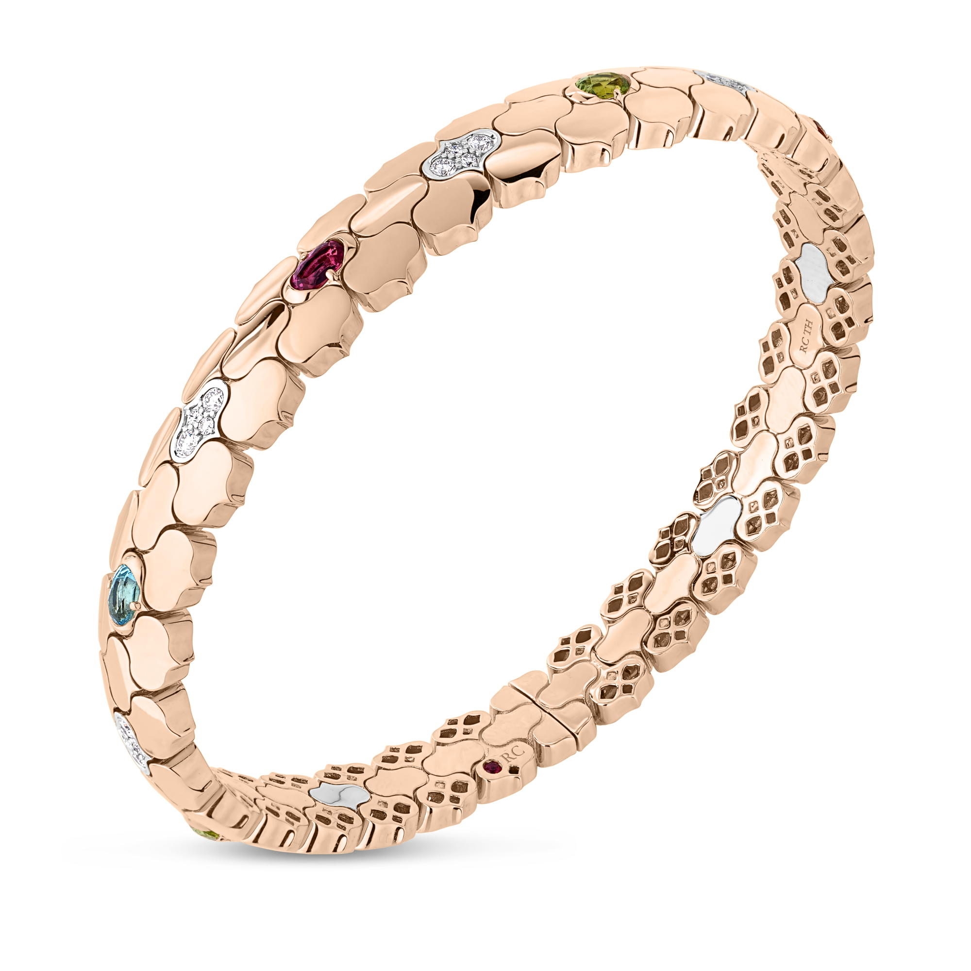 18k Rose/white Gold Cobra Diamond And Mixed Stones (blue Sapphire, Blue Topaz, Citrine, Peridot, Ruby, And Rubellite) Cuff Bangle