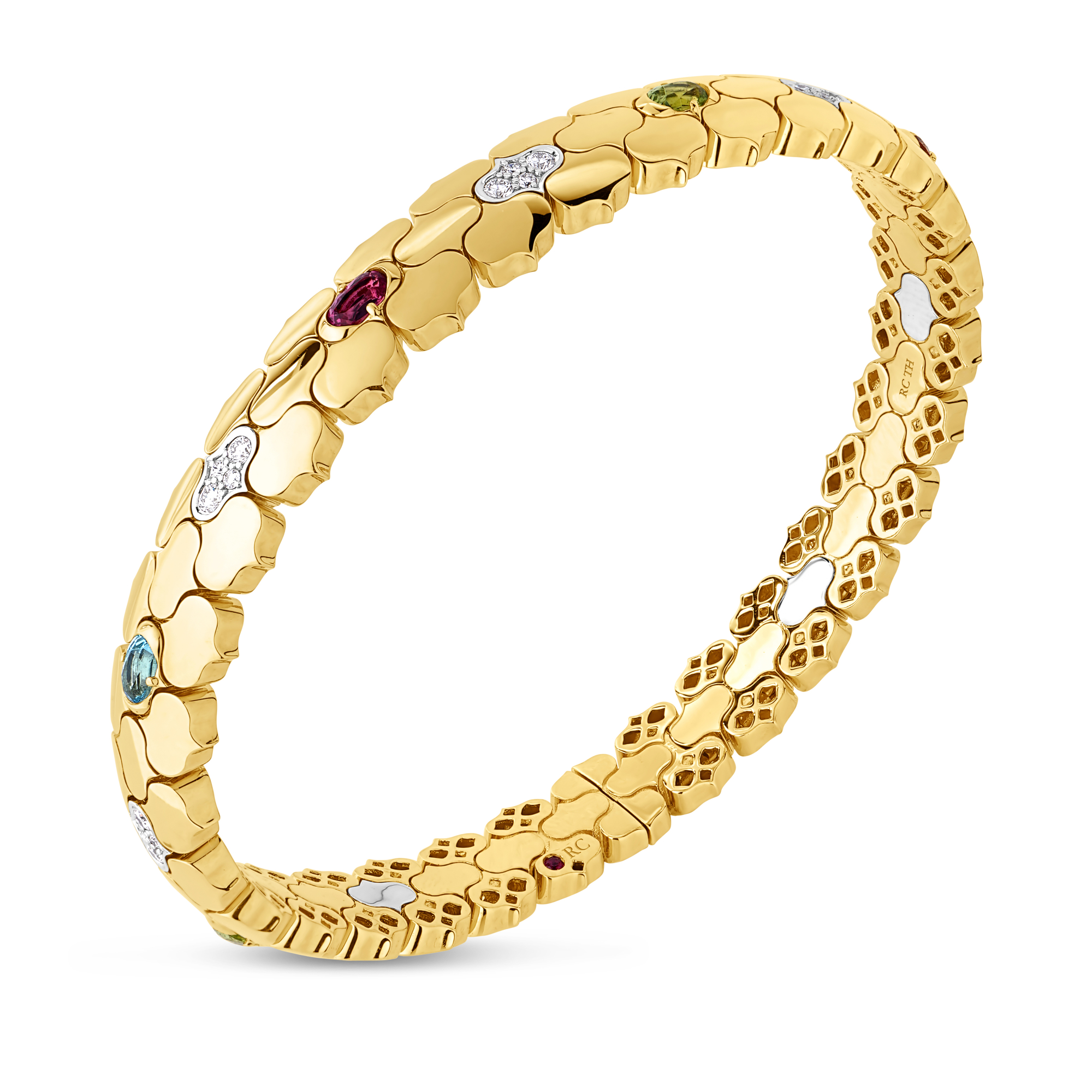 18k Yellow/white Gold Cobra Diamond And Mixed Stones (blue Sapphire, Blue Topaz, Citrine, Peridot, Ruby, And Rubellite) Cuff Bangle