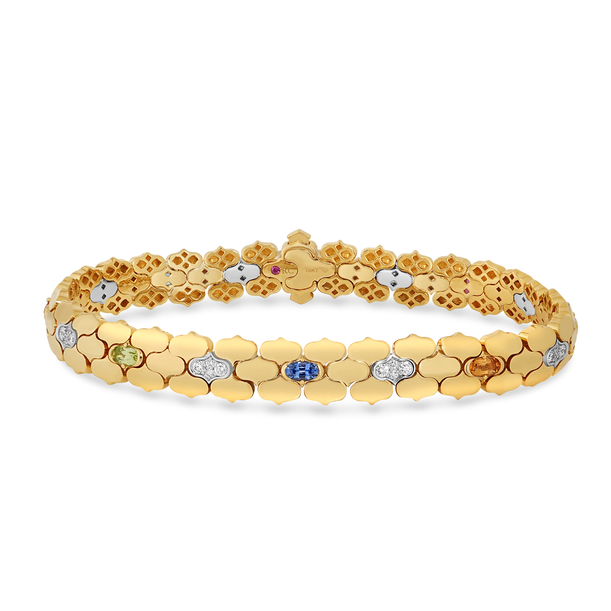 18k Yellow/white Gold Cobra Diamond And Mixed Stones (blue Sapphire, Blue Topaz, Citrine, Peridot, Ruby, And Rubellite) Bracelet