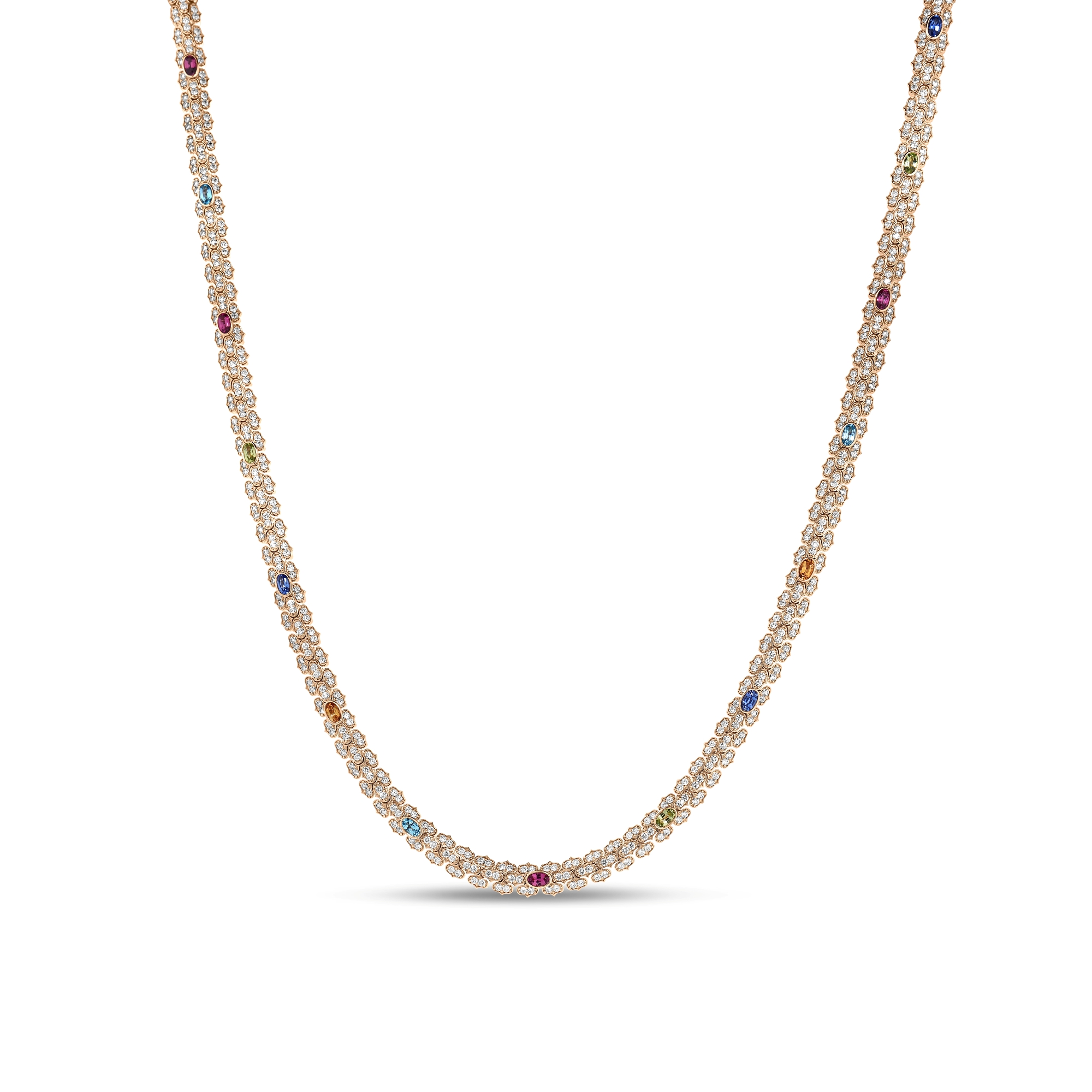 18k Rose Gold Cobra Pave Diamond And Mixed Stones (blue Sapphire, Citrine, Peridot, And Ruby) Necklace