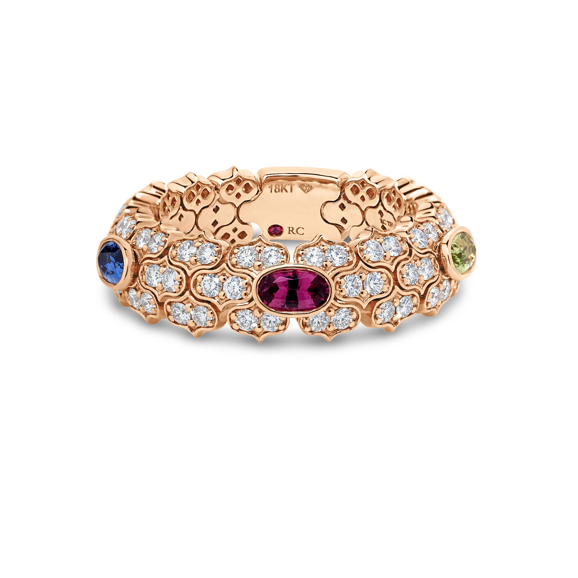 18k Rose Gold Cobra Pave Diamond And Mixed Stones (blue Sapphire, Citrine, Peridot, Rubellite, And Ruby) Ring
