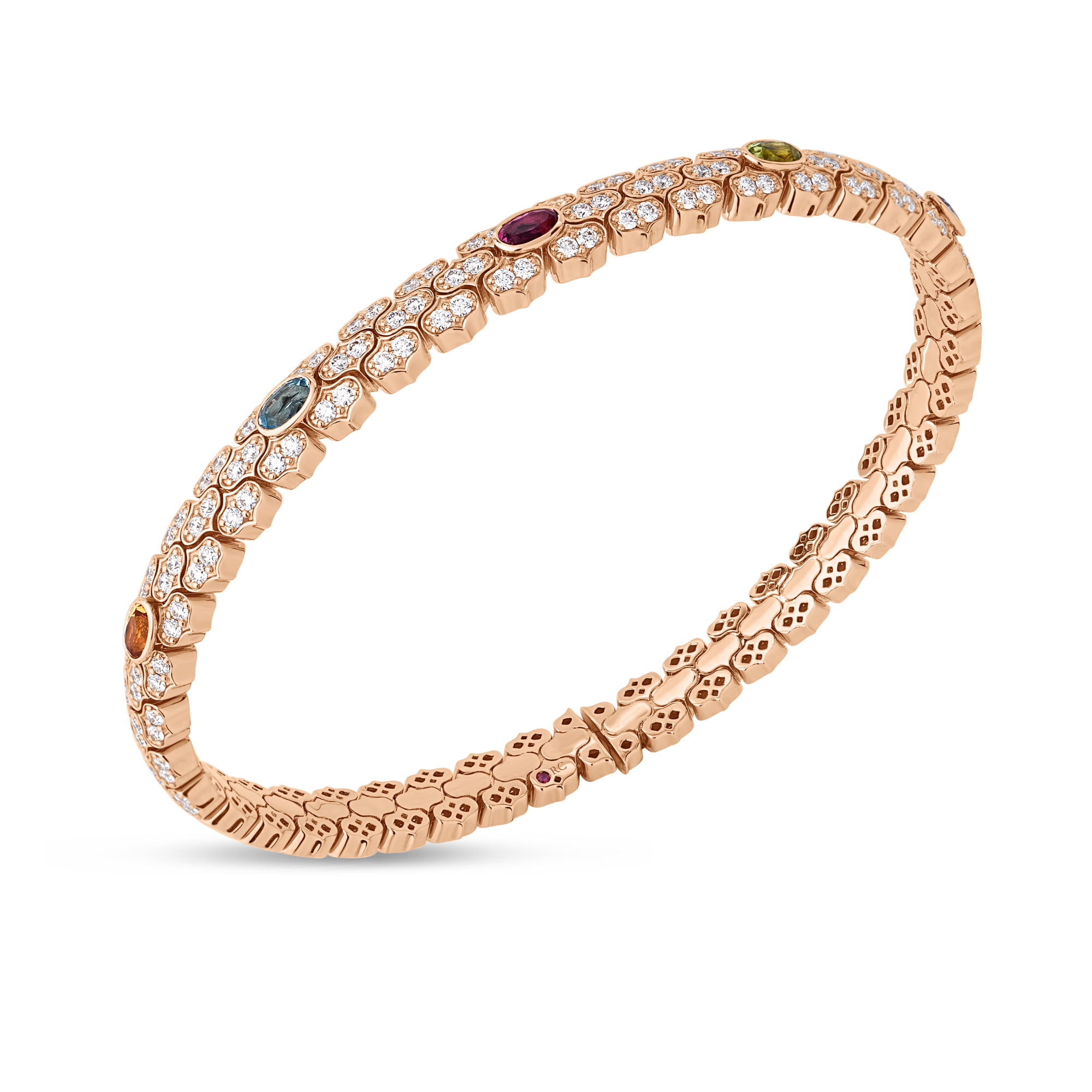 18k Rose Gold Cobra Narrow Pave Diamond And Mixed Stones (blue Sapphire, Citrine, Peridot, And Ruby) Cuff Bangle