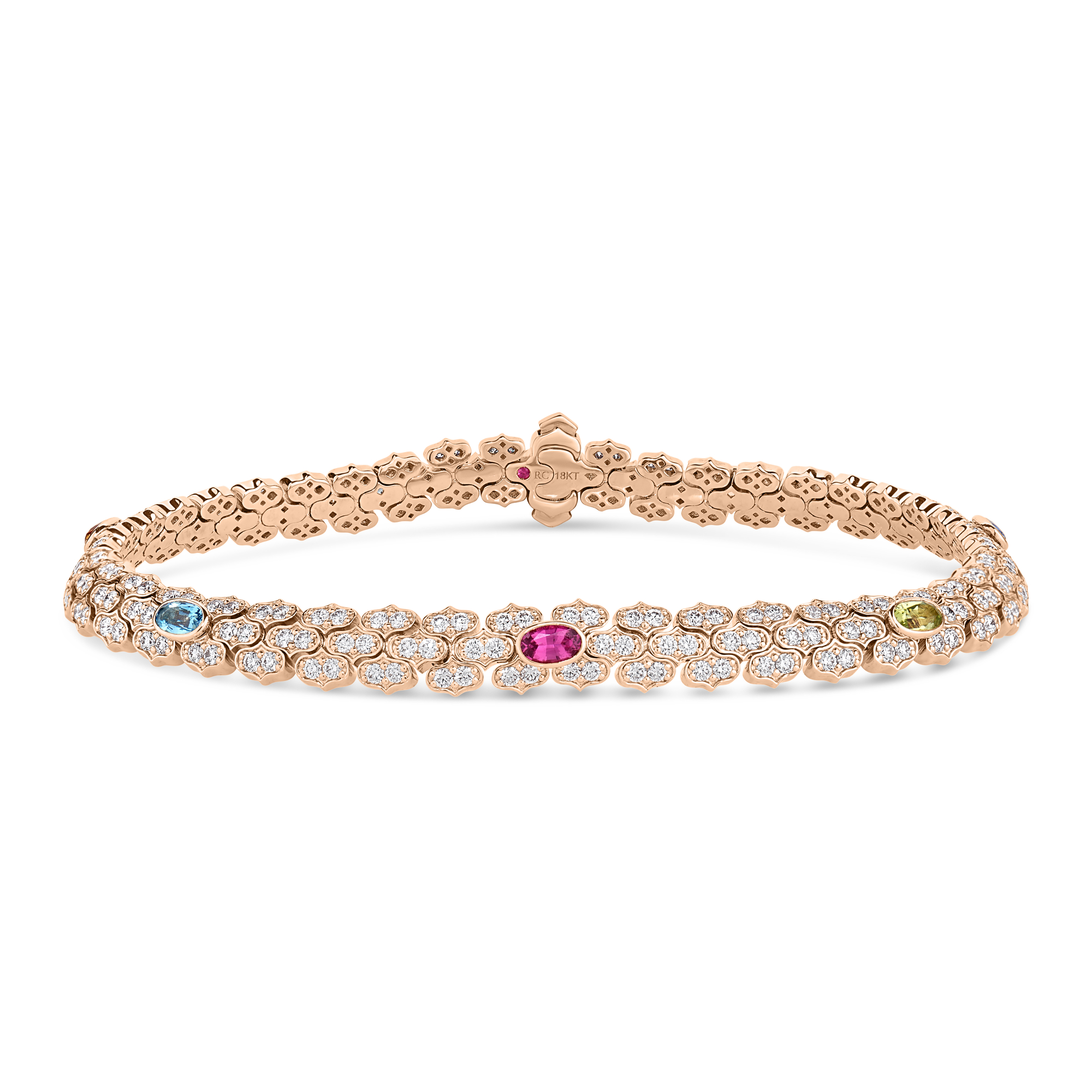 18k Rose Gold Cobra Narrow Pave Diamond And Mixed Stones (blue Sapphire, Citrine, Peridot, Rubellite, And Ruby) Bracelet