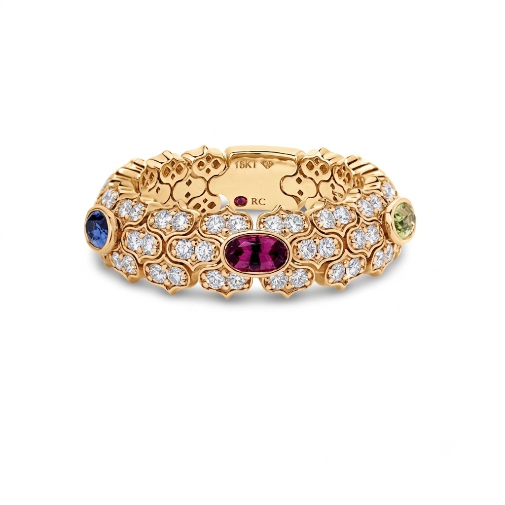 18k Yellow Gold Cobra Narrow Pave Diamond And Mixed Stones (blue Sapphire, Citrine, Peridot, Rubellite, And Ruby) Ring