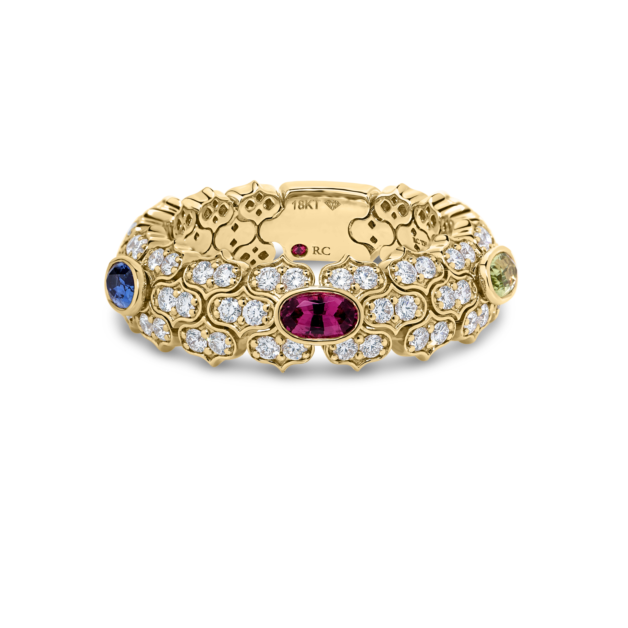 18k Yellow Gold Cobra Narrow Pave Diamond And Mixed Stones (blue Sapphire, Citrine, Peridot, Rubellite, And Ruby) Ring